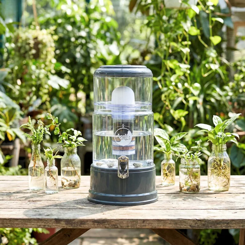 Wasserfilter steht auf einem Tisch im Garten, daneben kleine Pflanzen in Gläsern