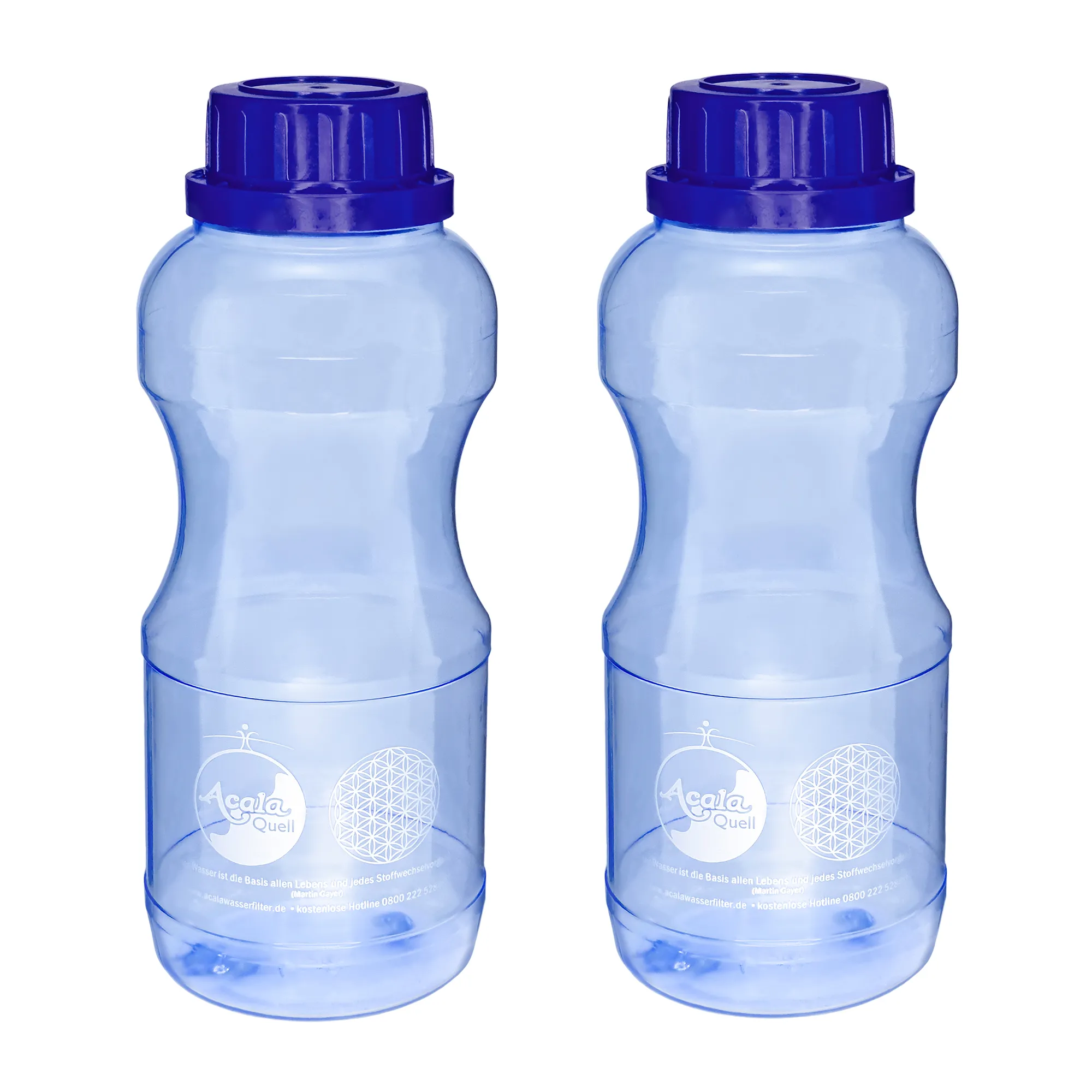 2er Set Acala Trinkflasche EVI 0,5 L aus Tritan Zwei blaue Tritan Trinkflaschen Evi 0,5L mit dunkelblauem Schraubdeckel vor weißem Hintergrund.
