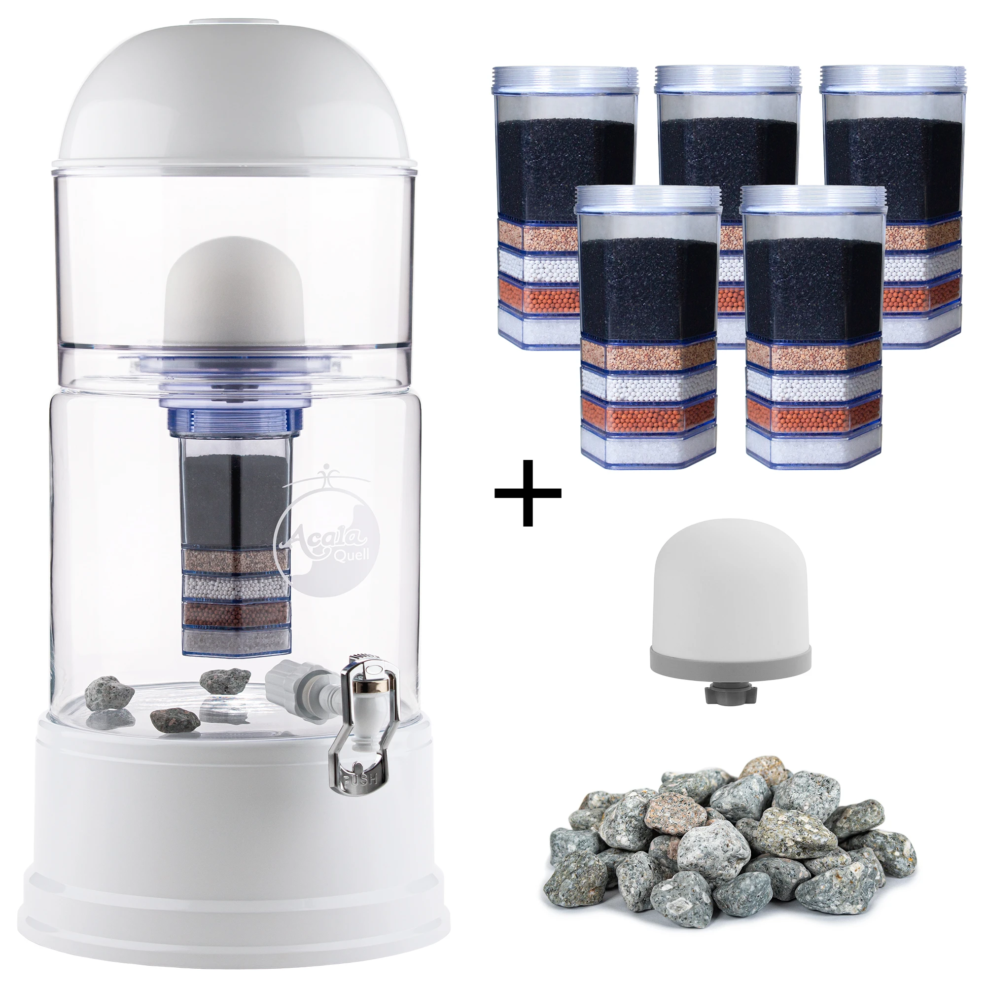 großes Einsteigerpaket AcalaQuell® Luna Kristallklar/Weiß Zu sehen ist der Acala Luna in kristallklar-weiß inklusive einer Filterkartusche und einem Keramikfilter. Zusätzlich sieht man 5 Filterkartuschen, einen Keramikfilter und einen Haufen Mineralsteine. Man sieht das große Einsteigerpaket für zwei Jahre.