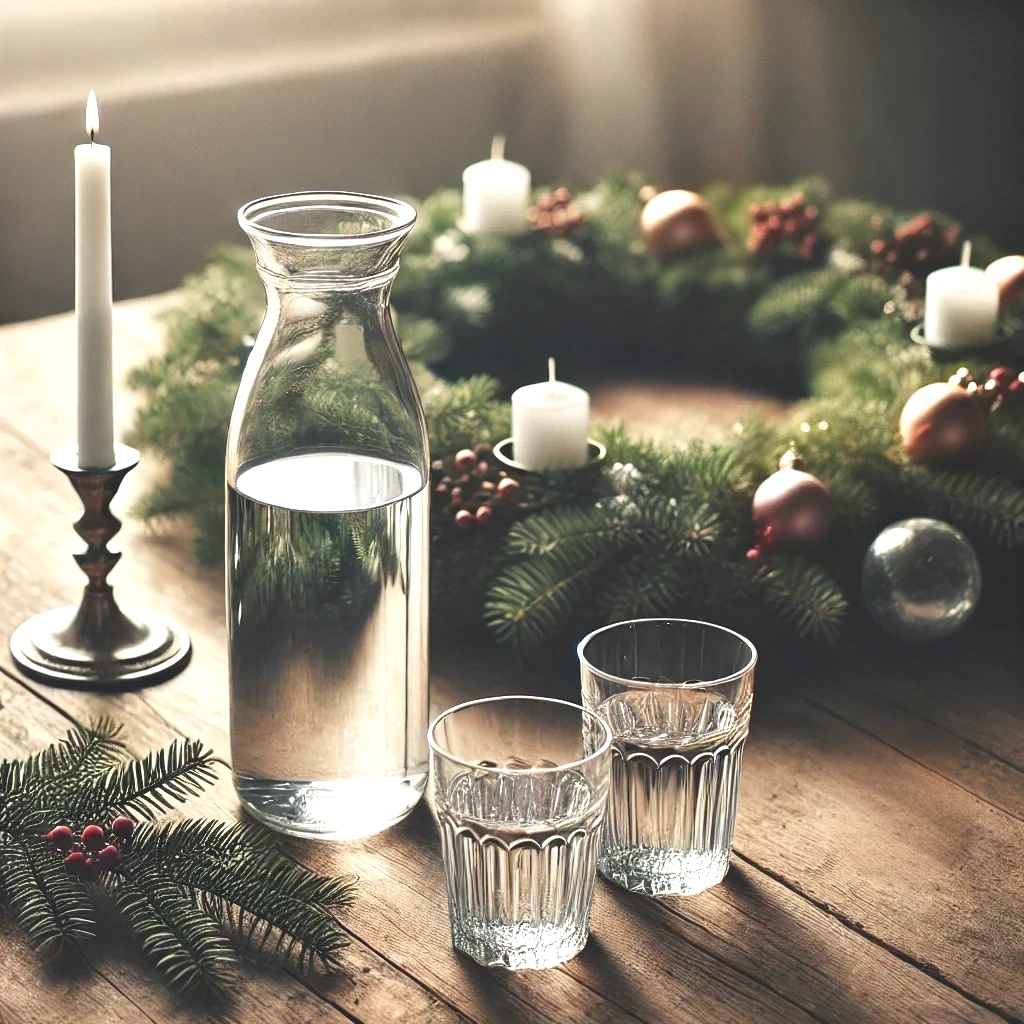 Eine Karaffe und 2Gläser,in allen ist klares Waser. Daneben steht ein Adventskranz mit 4 Kerzen um