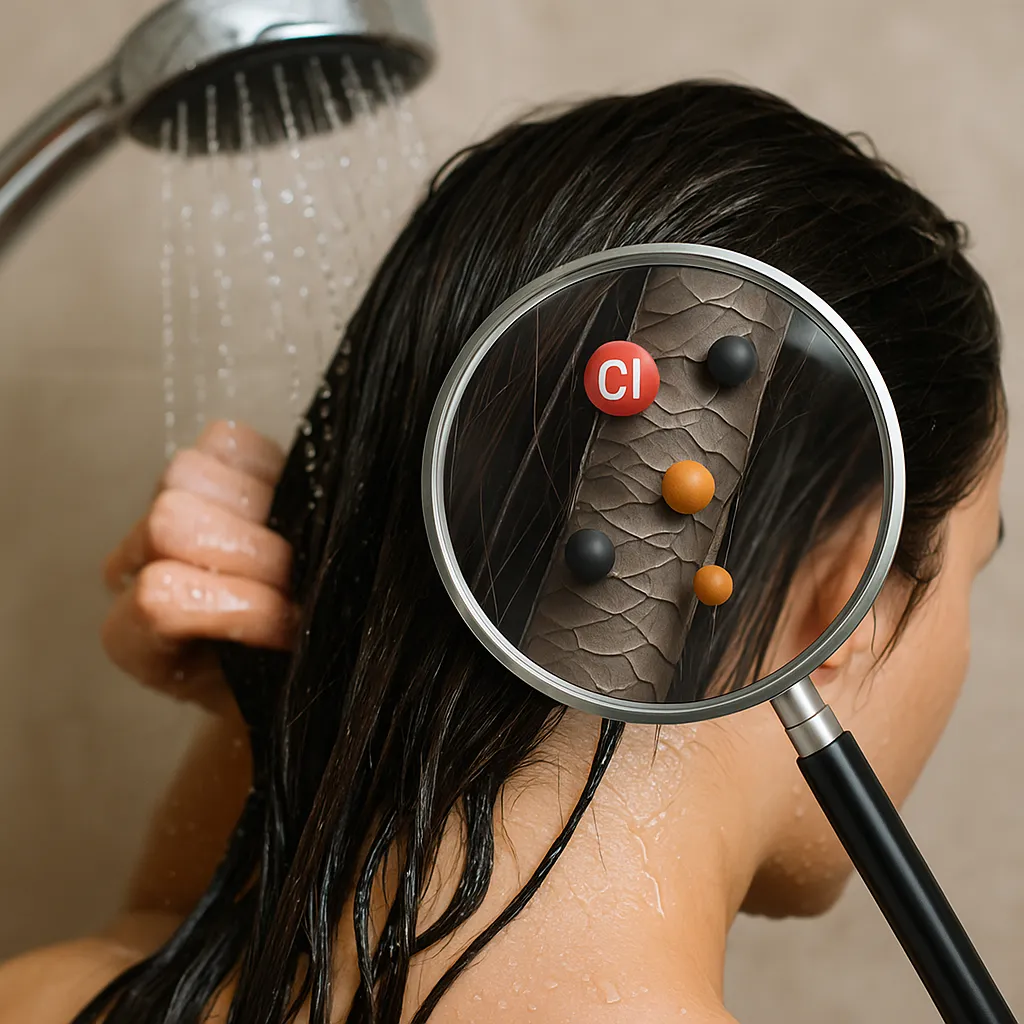 Frau unter der Dusche, der fokus ist auf einer virtuellen Lupe die die Haarstruktur zeigt