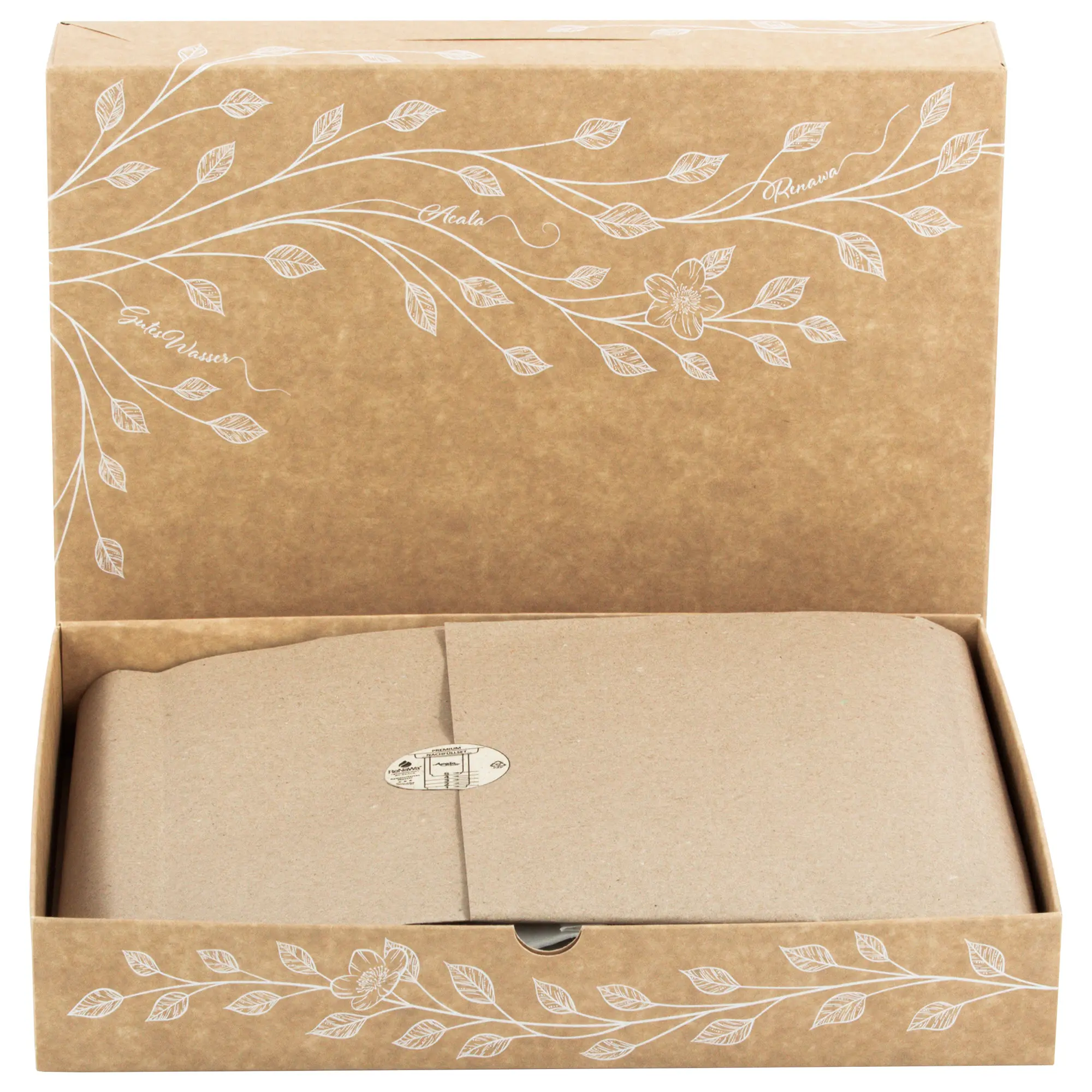 Man sieht die Verpackung für die ReNaWa Nachfüll-Komponenten für 1 Jahr. Der Karton ist Naturbraun, bedruckt mit weißen Blätterranken und Infos zum Inhalt. Die Schublade befindet sich vor dem Karton, so dass man hinein schauen kann.