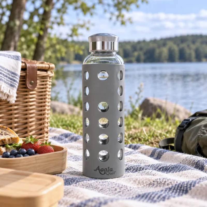 Glasflasche Berlin auf einer Picknickdecke im Hintergrund sieht man einen See