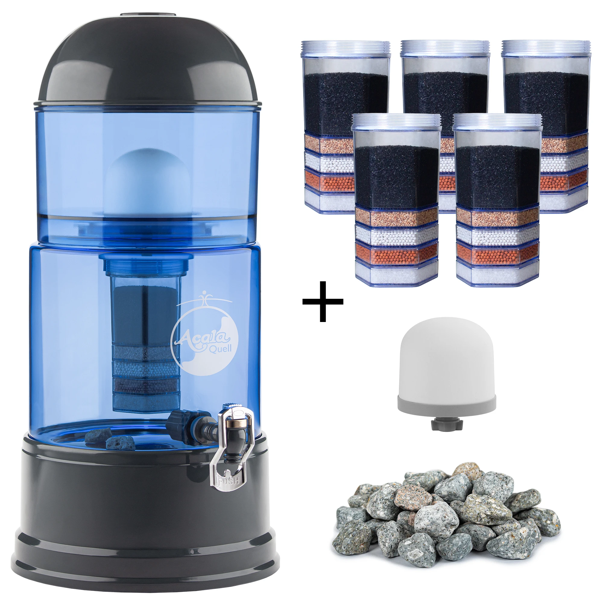 großes Einsteigerpaket AcalaQuell® Luna Blau/Anthrazit Zu sehen ist der Acala Luna in blau-anthrazit inklusive einer Filterkartusche und einem Keramikfilter. Zusätzlich sieht man 5 Filterkartuschen, einen Keramikfilter und einen Haufen Mineralsteine. Man sieht das große Einsteigerpaket für zwei Jahre.