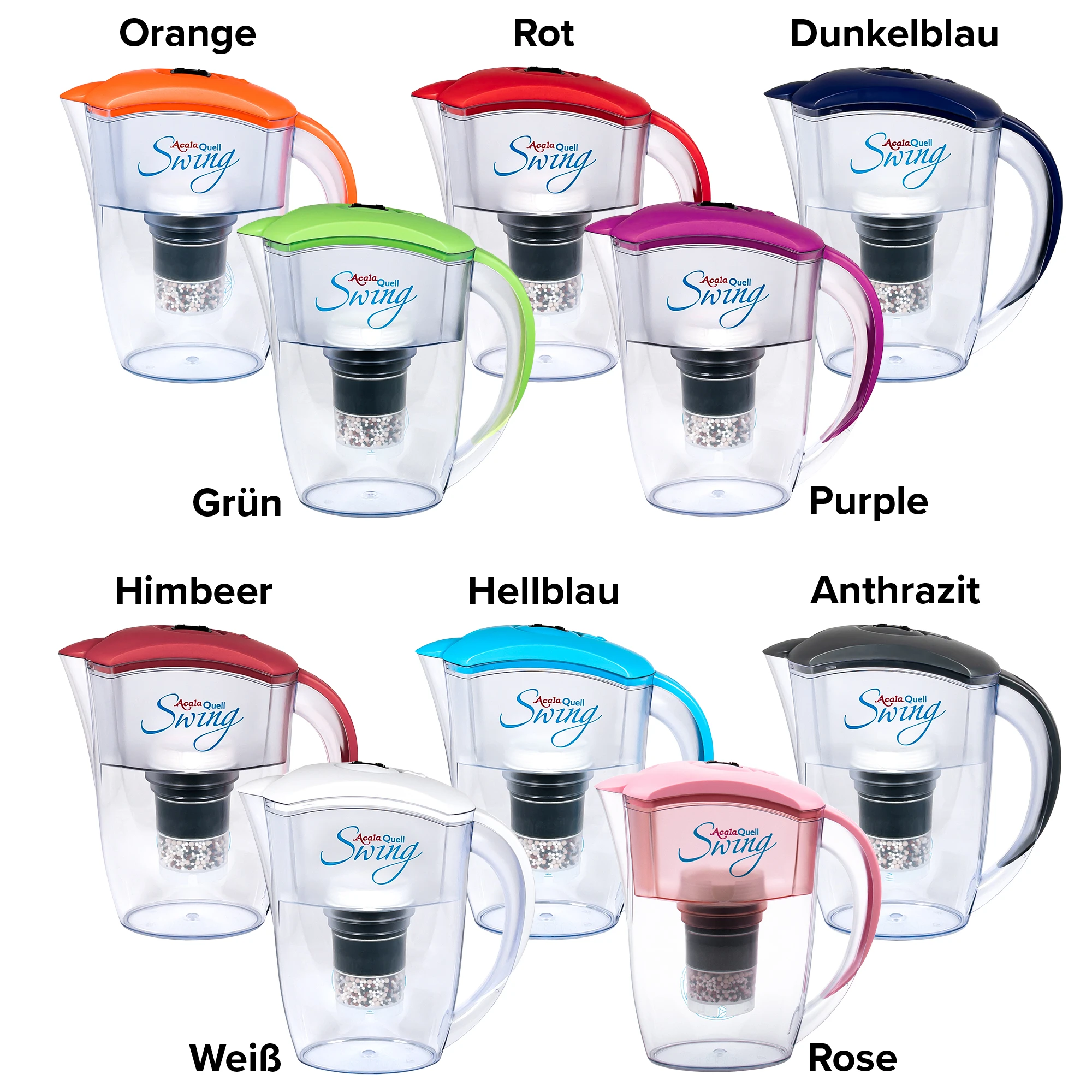 Zu sehen ist der Kannen Wasserfilter Swing in allen Farben vor weißem Hintergrund. An den einzelnen Filtern steht in schwarzer Schrift die Deckelfarbe. Weiß, anthrazit, dunkelblau, hellblau, rot, orange, rosé, himbeer, grün und purple.