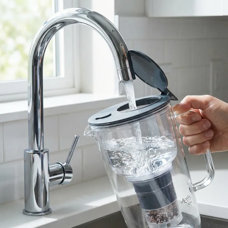 Kannenfilter Mira am Wasserhahn beim Auffüllen