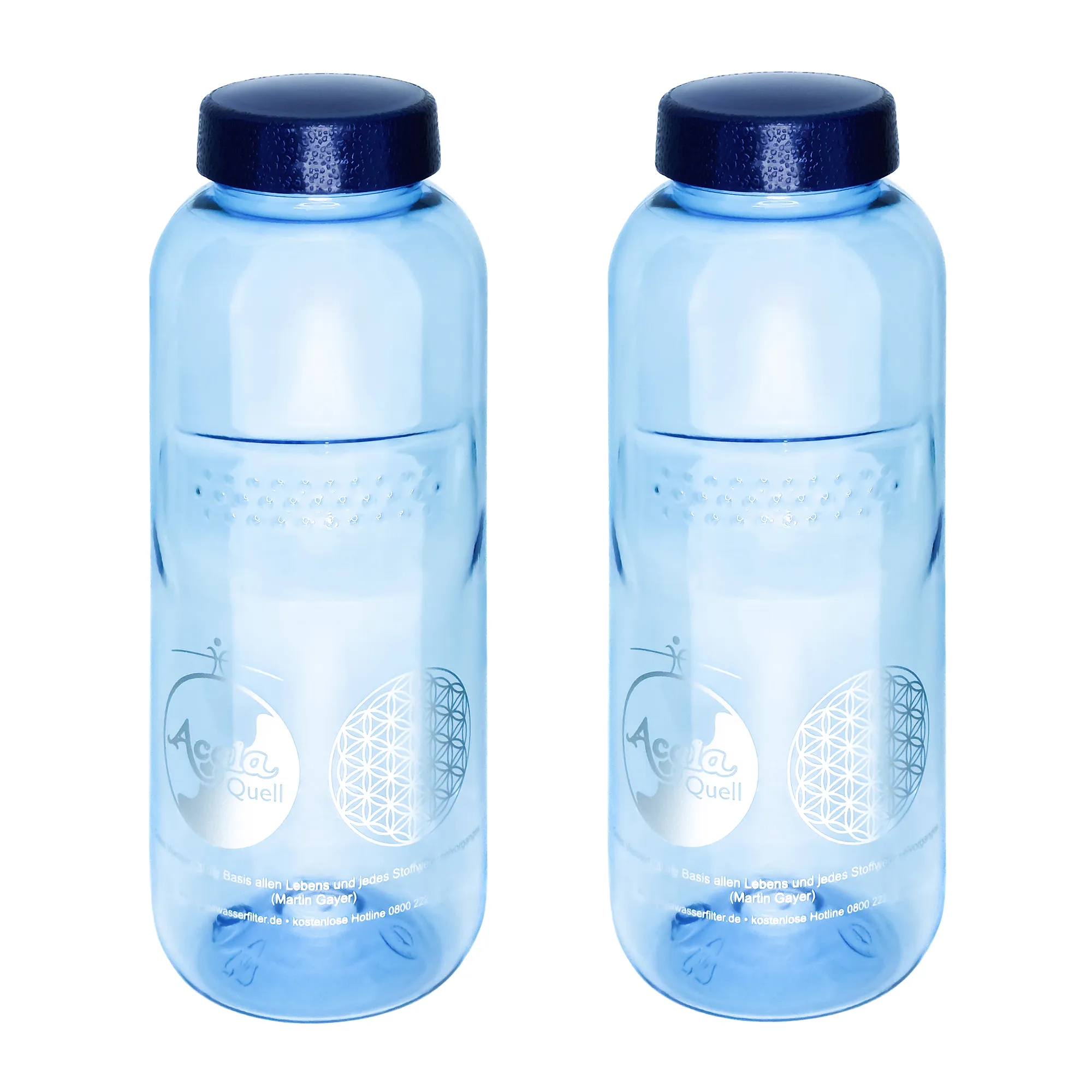 2er Set Acala Trinkflasche Grip 0,5 L aus Tritan Zwei blaue Tritan Trinkflaschen Grip 0,5L mit dunkelblauem Schraubdeckel vor weißem Hintergrund.