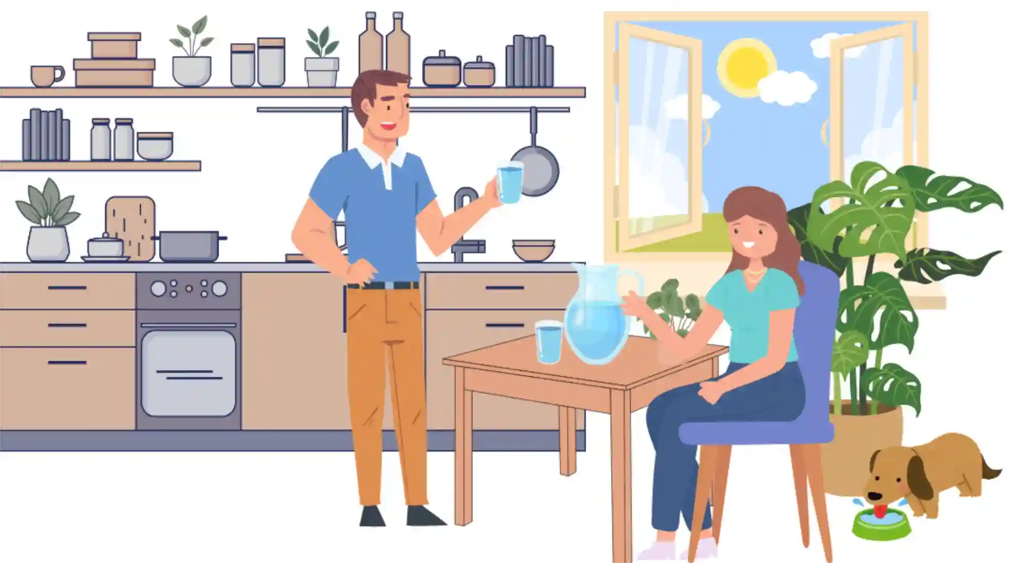 Szene im Comik stil, Frau und Mann an einem tisch, sie tinken Wasser