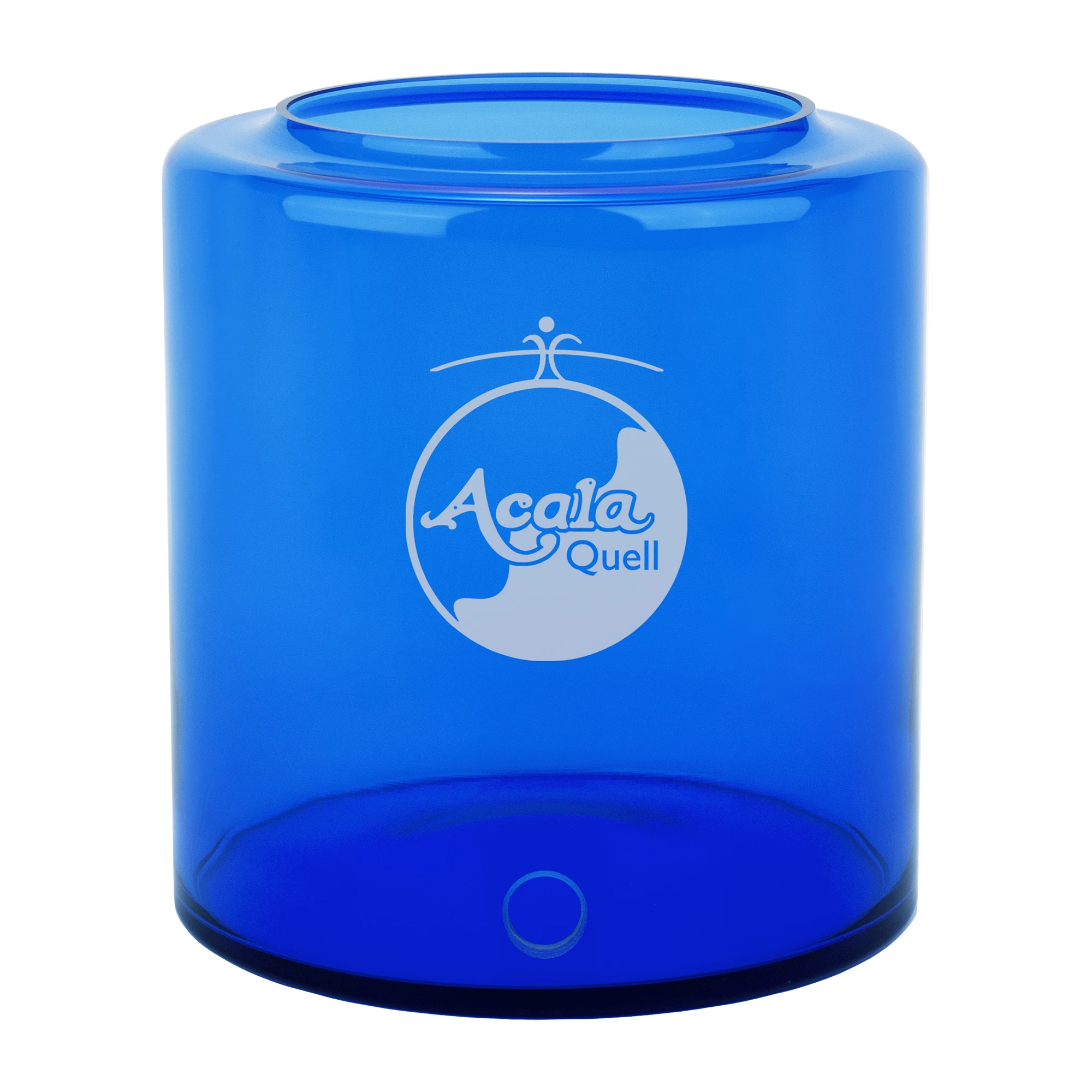 Zu sehen ist ein blauer 5 Liter Glastank mit weißem AcalaQuell Logo vorne drauf vor weißem Hintergrund.