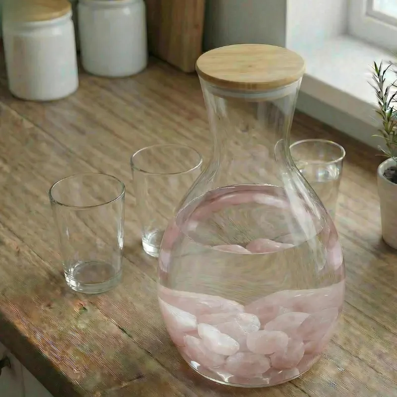 In einer Karaffe aus Glas sind Rosenquarze die Karaffe ist mit Wasser gefüllt Daneben steht ein volles Glas Wasser und 2 leere Gläser