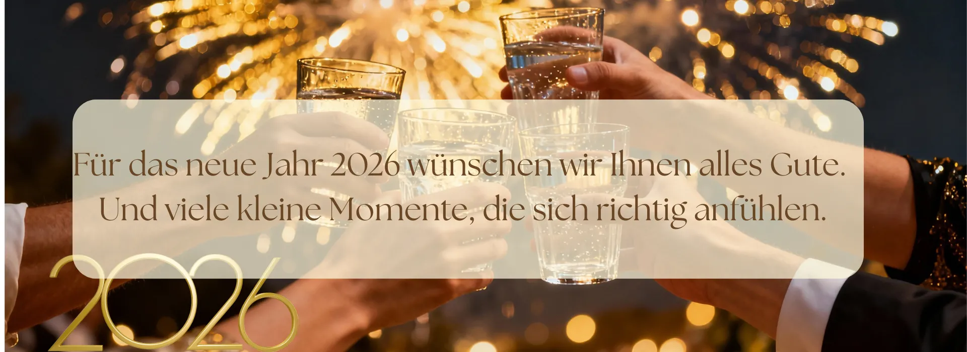 Hände sie sich mit Wasser zuprosten, vor einem Hintergrund mit Silvesterknaller und dem Txt:Für das neue Jahr 2026 wünschen wir Ihnen alles Gute. Und viele kleine Momente, die sich richtig anfühlen.