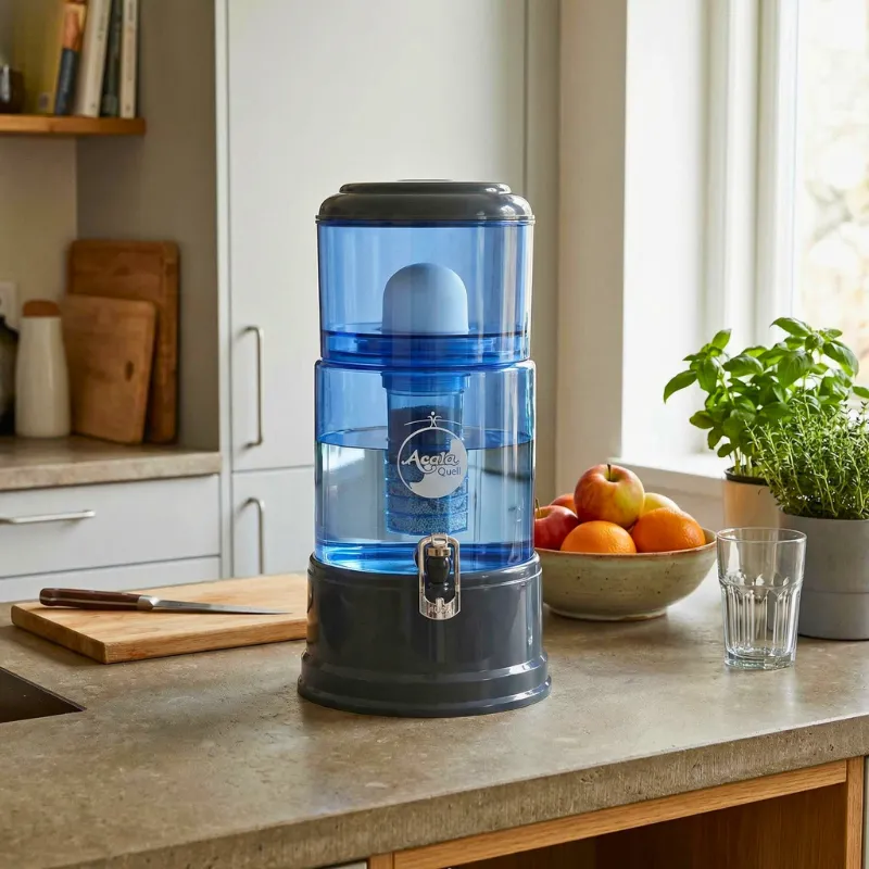 Advanced Wasserfilter mit blauem Glas,in einer Küche auf der Arbeitsinsel