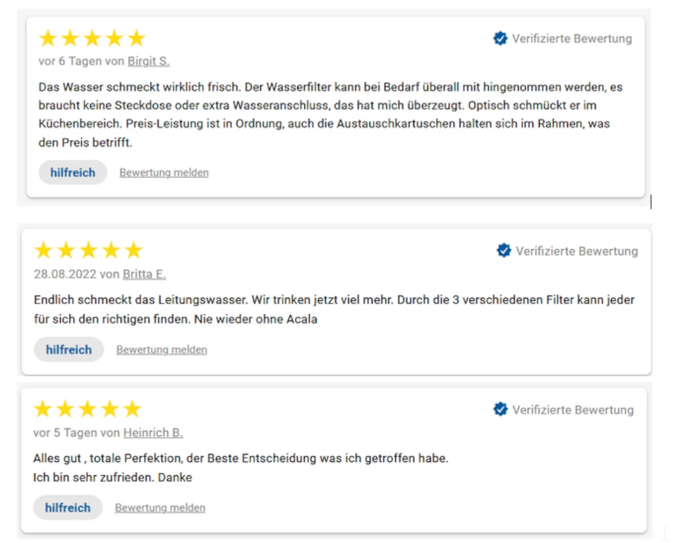 Drei fünf Sterne Bewertungen von Acala vor weißem Hintergrund.