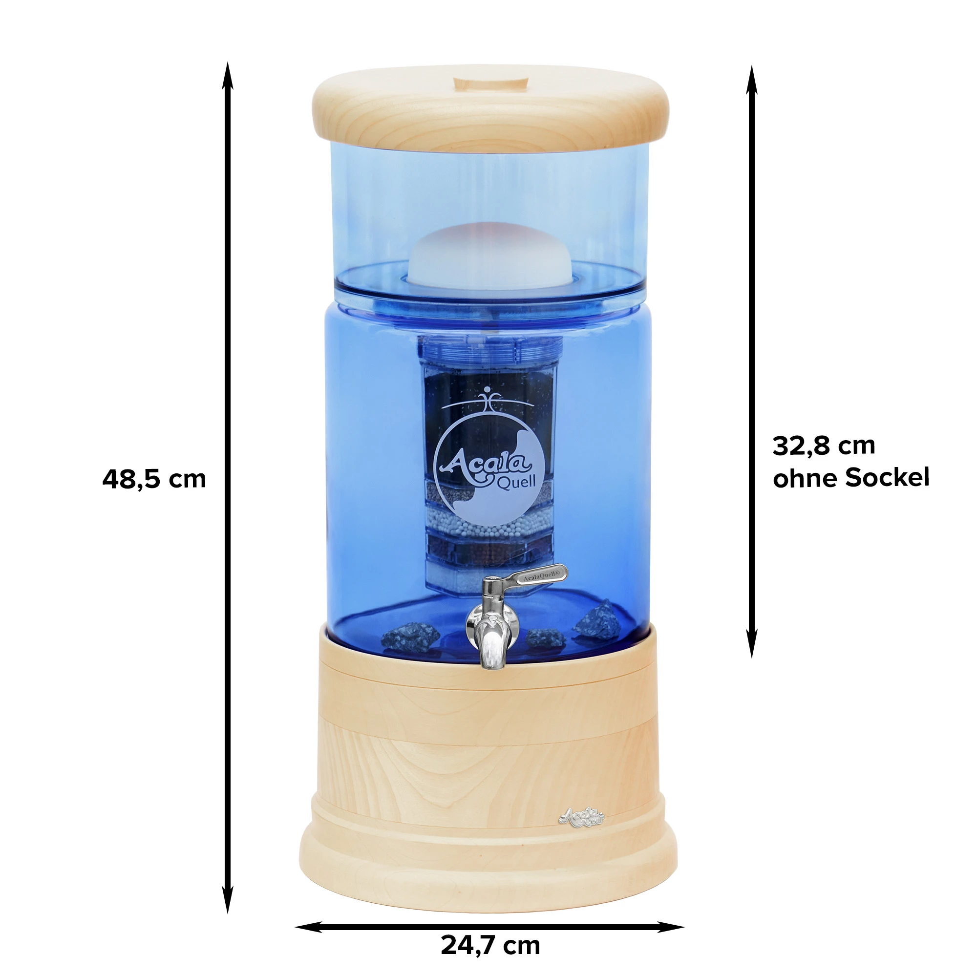 AcalaQuell Mini mit Glastank in blau und Echtholz Deckel und Sockel aus Ahorn, weißer Hintergrund. Mit schwarzen Pfeilen sind die Maße gekennzeichnet.