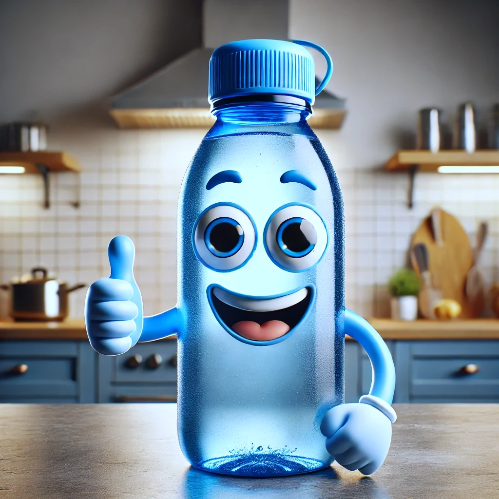 blaue Tritanflasche im comikstil. Die Flasche hat ein gesicht und lacht