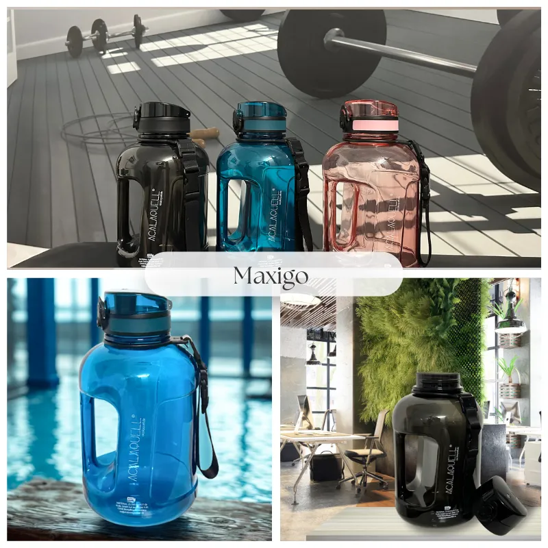 Collage mit verschiedenen Ansichten der Tritanflasche Maxigo in Ozeanblau