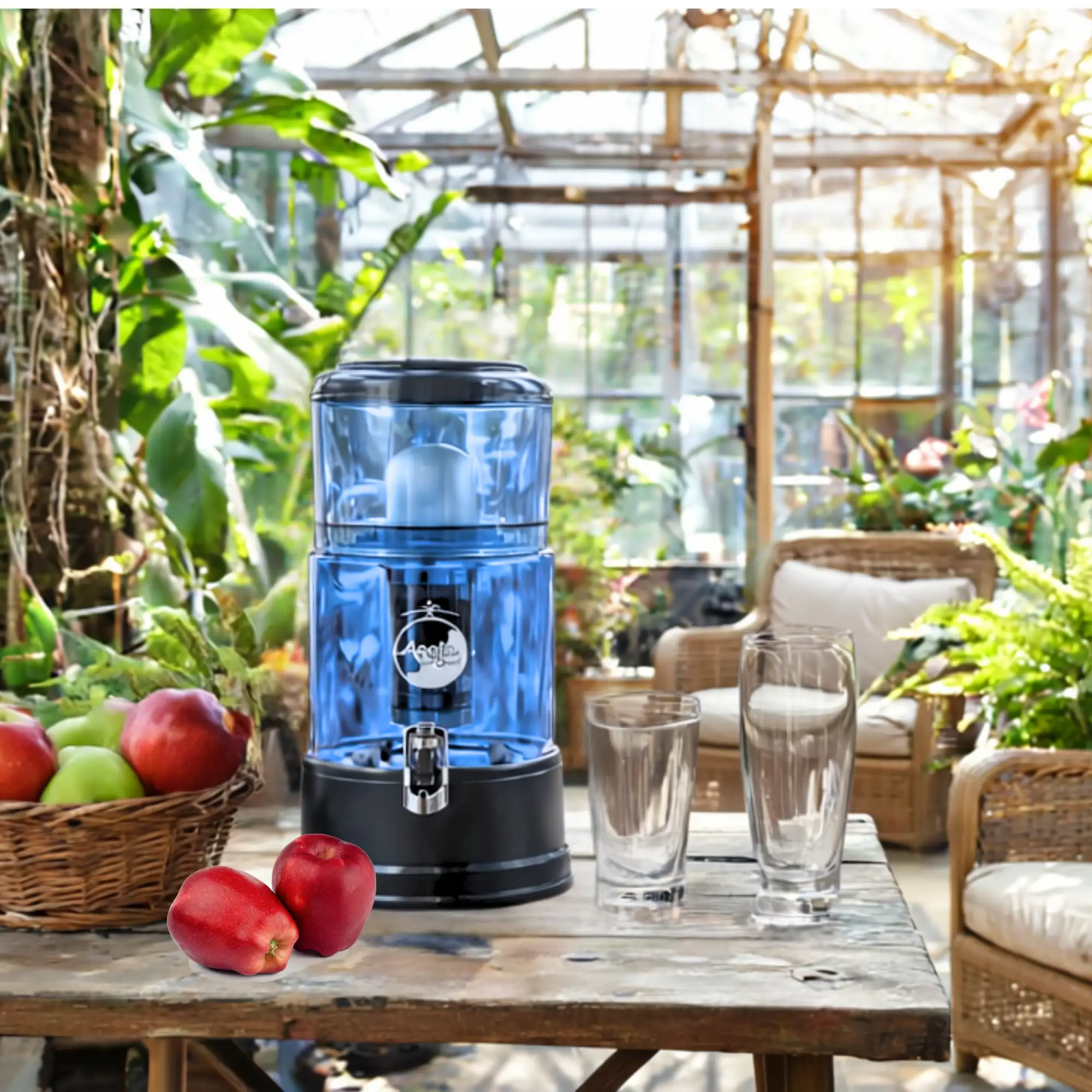 Wasserfilter auf dem tisch in einem Gewächshaus