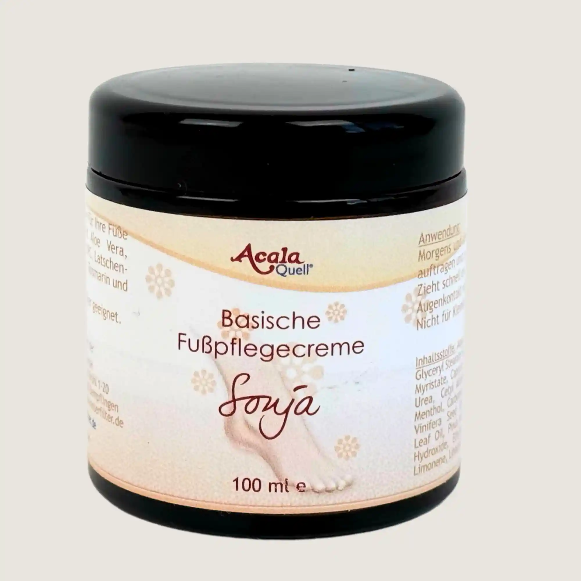Braunes Glas mit schwarzem Deckel, auf dem Glas ist ein Etikett mit Basische Fusspflege Sonja