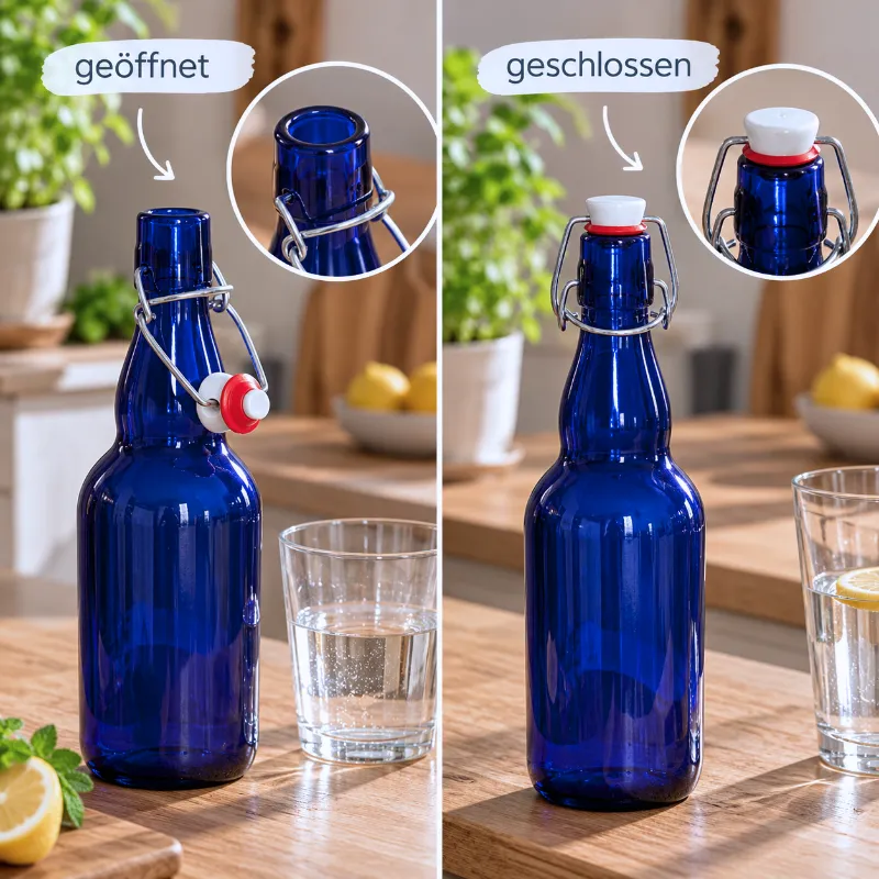 Blaublasflasche mit Bügelgriff einmal im geöffneten und einmal im geschlossenen Zustand