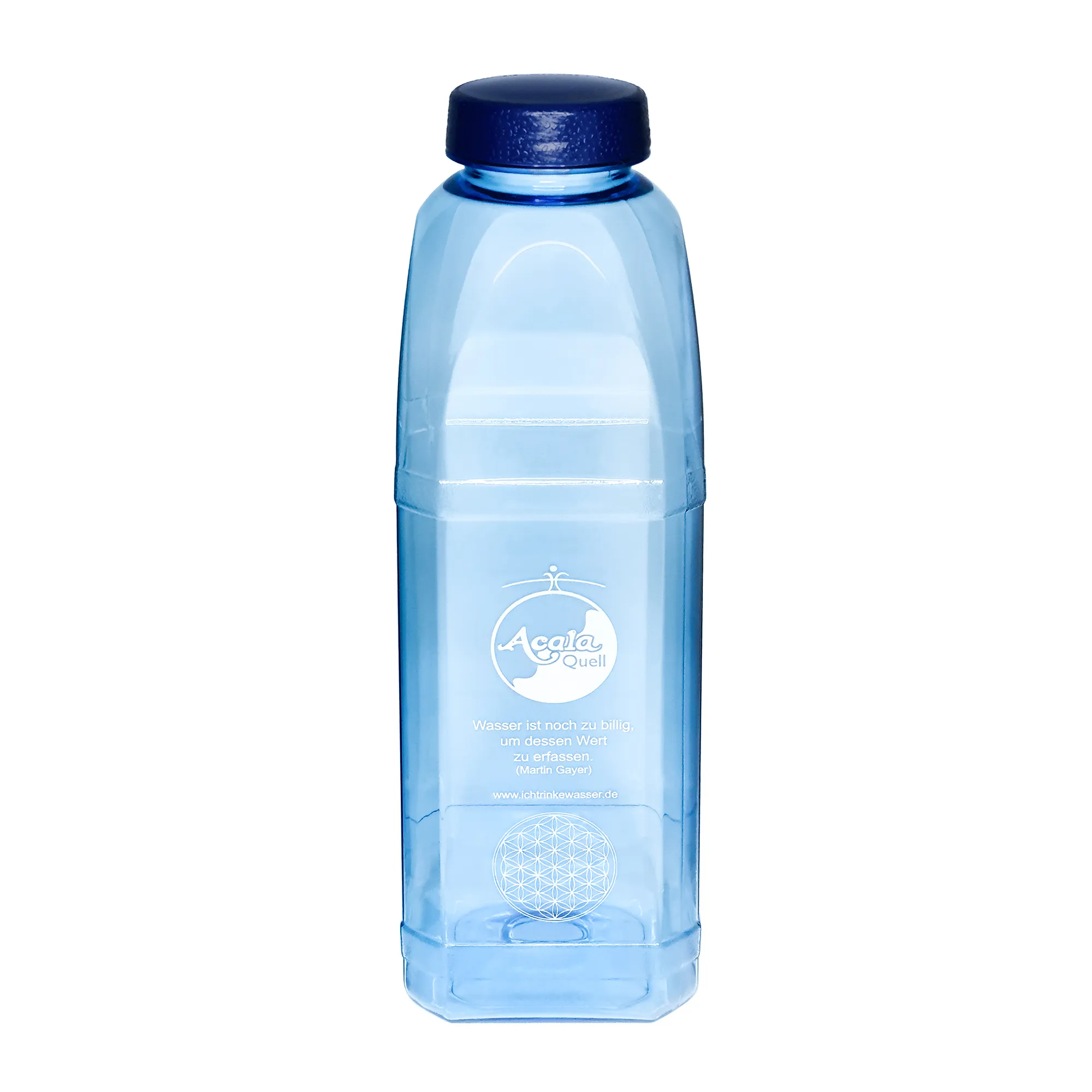 Acala Trinkflasche 8-Kant 1,0 L aus Tritan Eine blaue Tritan Trinkflasche 8-Kant mit dunkelblauem Schraubverschluss vor weißem Hintergrund.