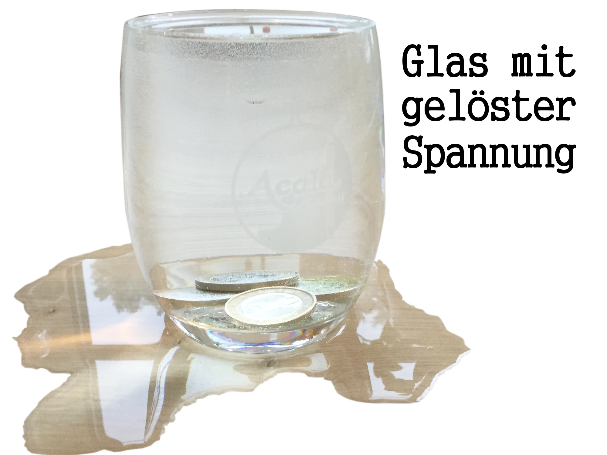 Zu sehen ist ein Glas das bis zum Rand voll ist mit Wasser. Um das Glas herum ist Wasser, es ist offenbar übergelaufen, in dem Glas liegen ein Euro Stücke. Es zeigt ein Glas mit gelöster Oberflächenspannung.