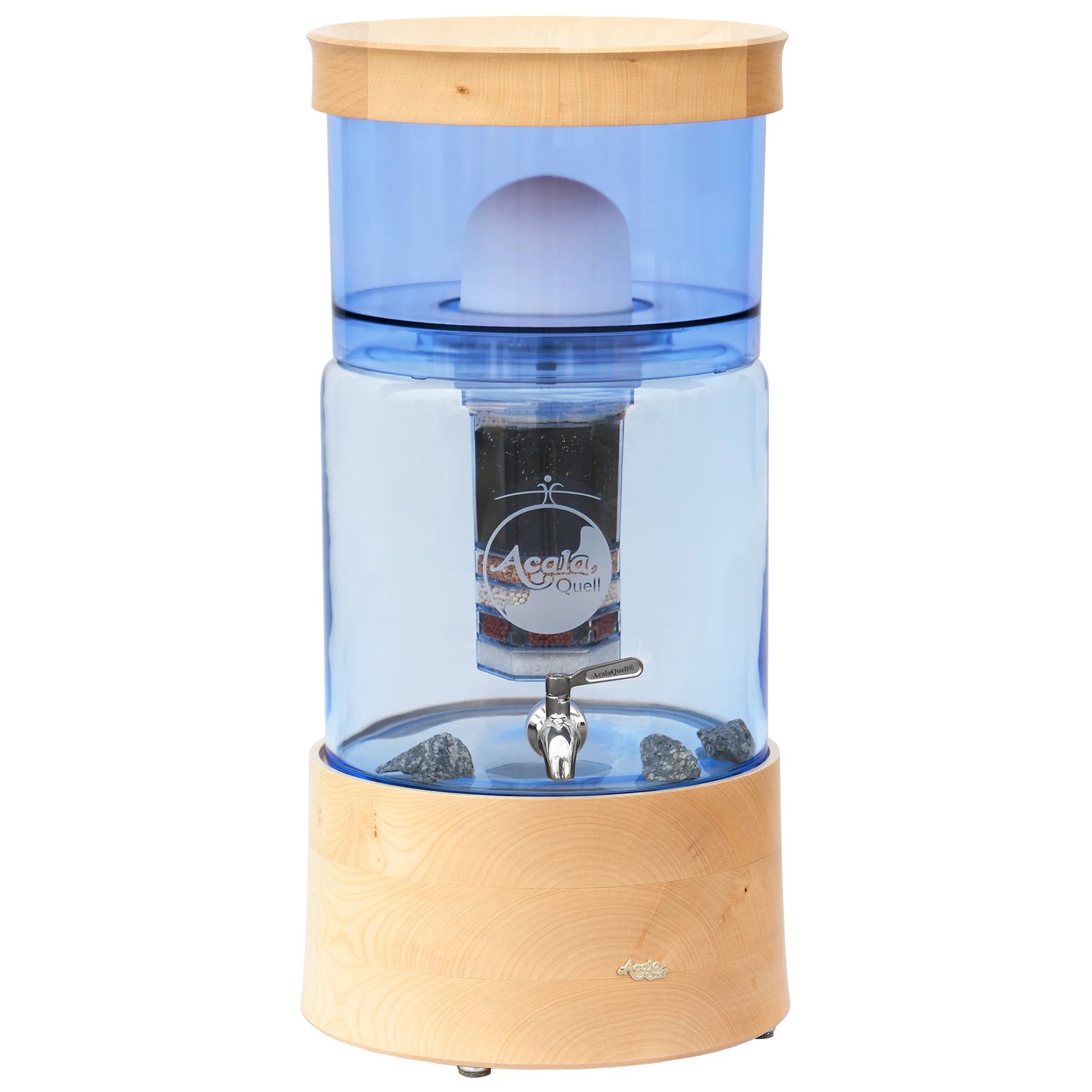 AcalaQuell Smart mit Glastank in blau und Echtholz Deckel und Sockel aus Ahorn, weißer Hintergrund.