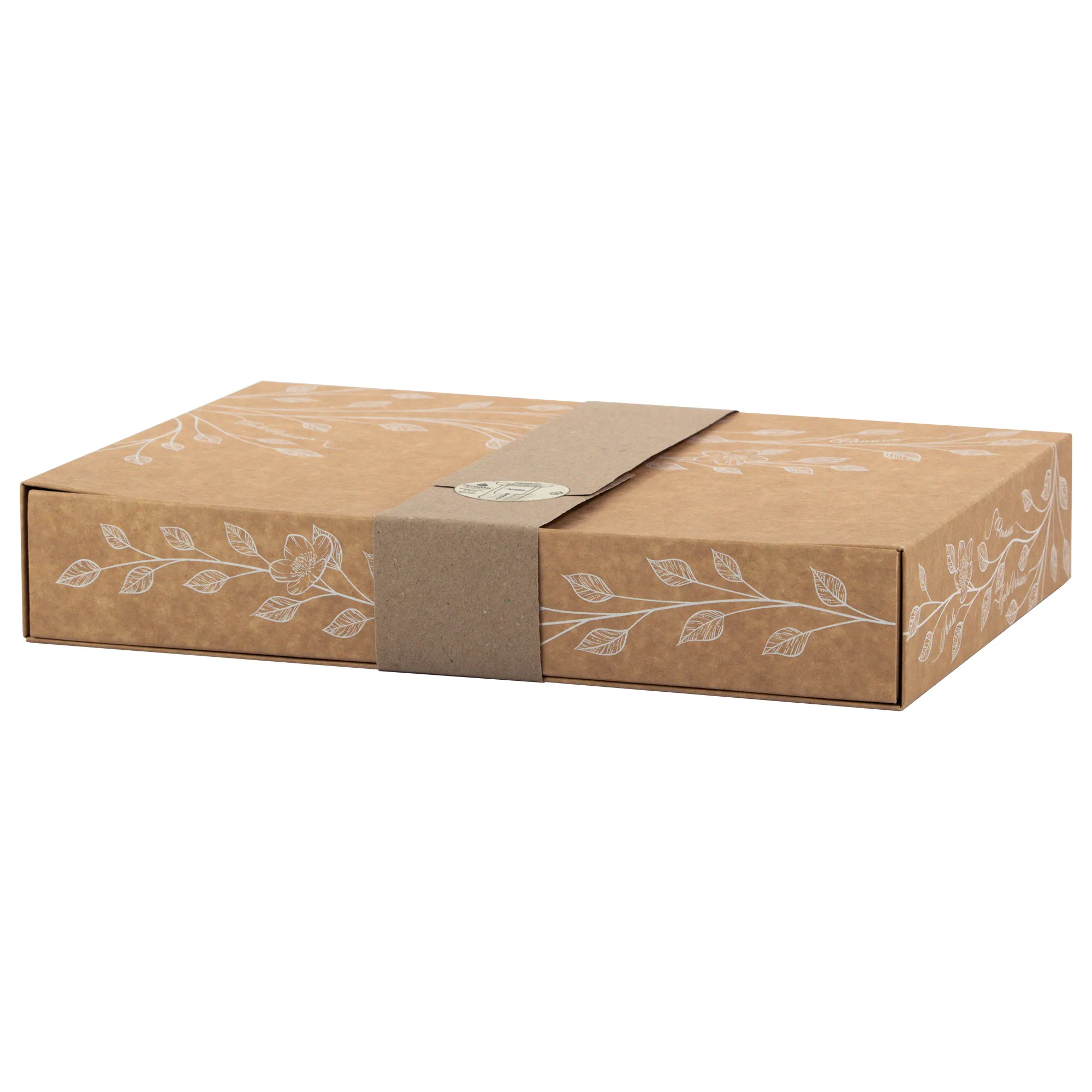 Man sieht die Verpackung für die ReNaWa Nachfüll-Komponenten für 1 Jahr. Der Karton ist Naturbraun, bedruckt mit weißen Blätterranken und Infos zum Inhalt der Schubladenbox. Um den Karton herum ist ein braunes Band mit einem runden Aufkleber.