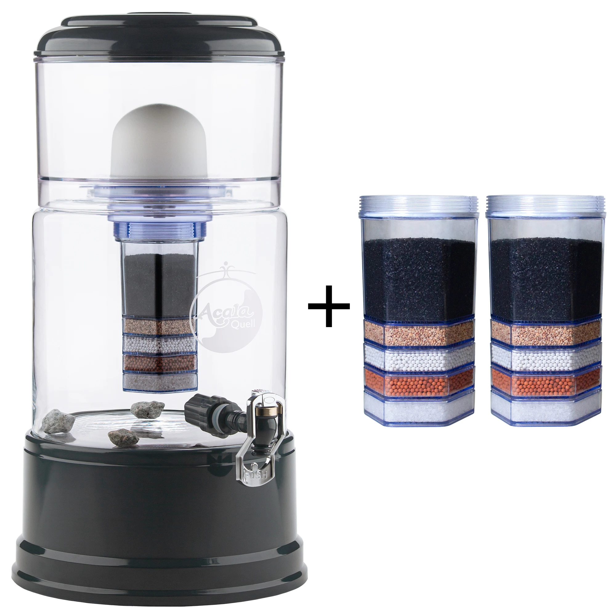 Einsteigerpaket AcalaQuell® Smart Kristallklar/Anthrazit Zu sehen ist der Acala Wasserfilter Smart in kristallklar-anthrazit inklusive einer Filterkartusche und einem Keramikfilter. Zusätzlich sieht man zwei Filterkartuschen. Das Bild zeigt das Einsteigerpaket für ein Jahr.