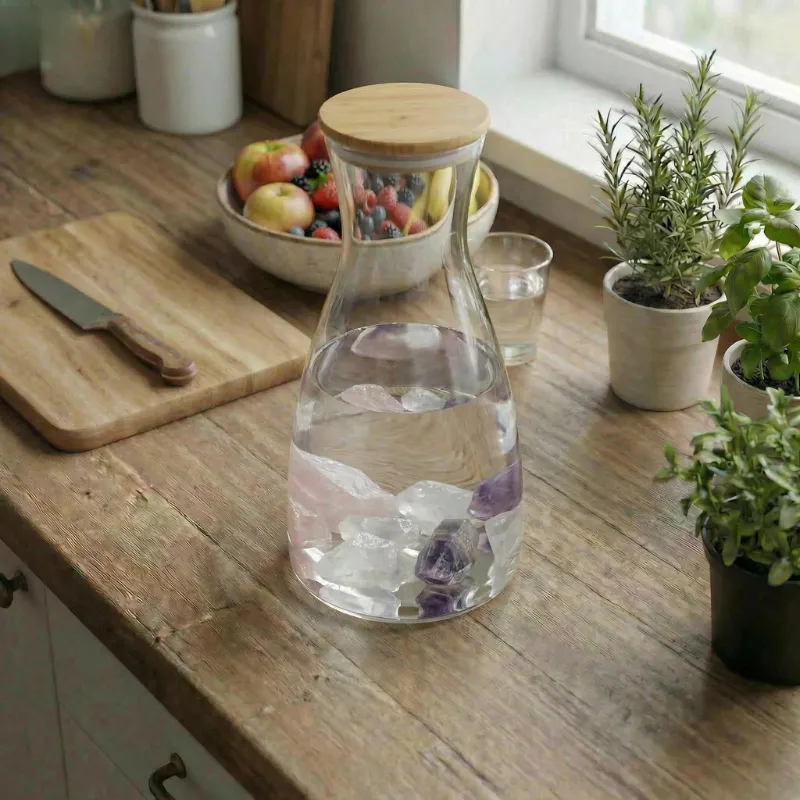 Wassersteine in einer Karaffe mit Wasser in einer Küche