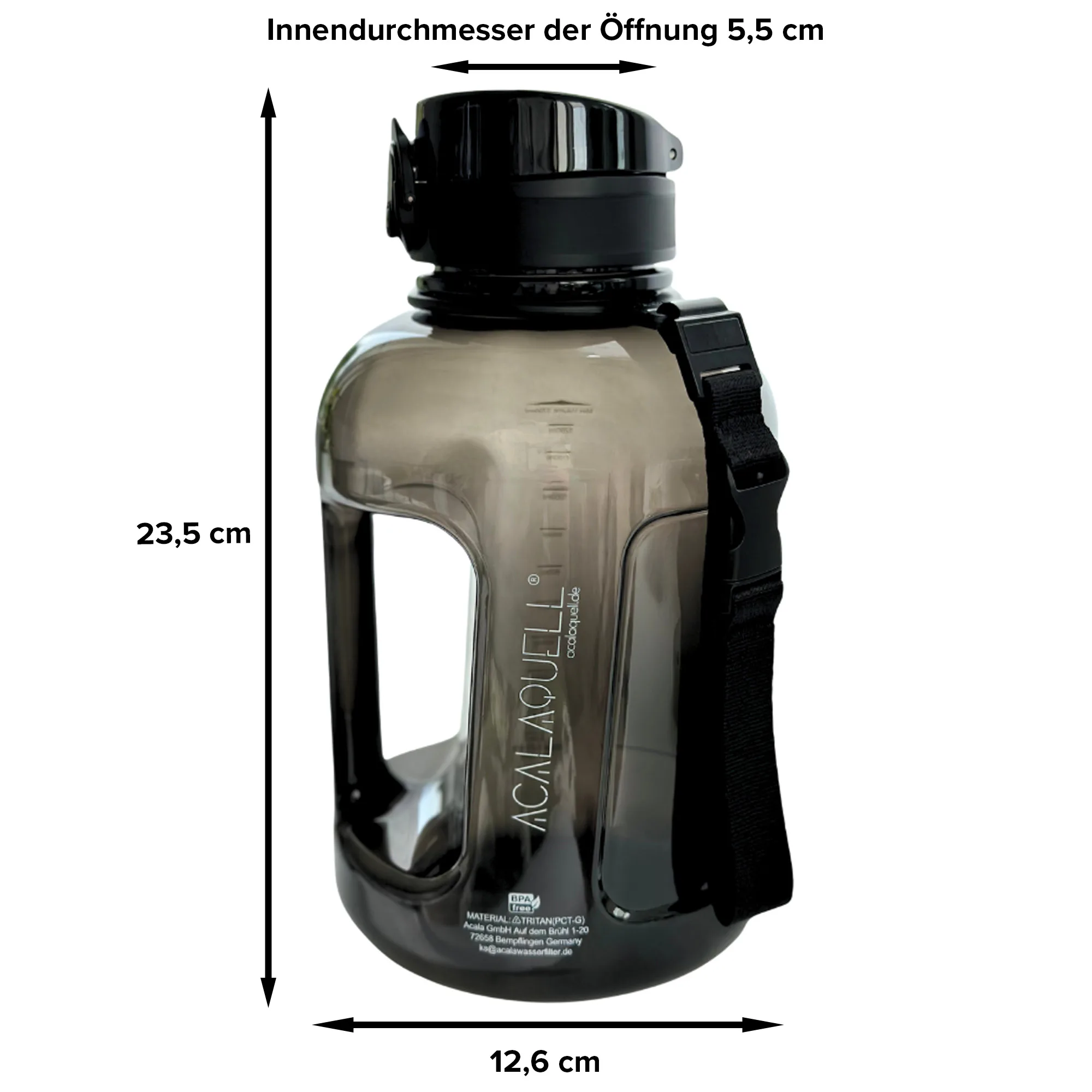 Maße für große Tritanflasche-Durchmeser 12,6-Höhe mit Deckel 23,5-obere Öffnung 5,5 cm