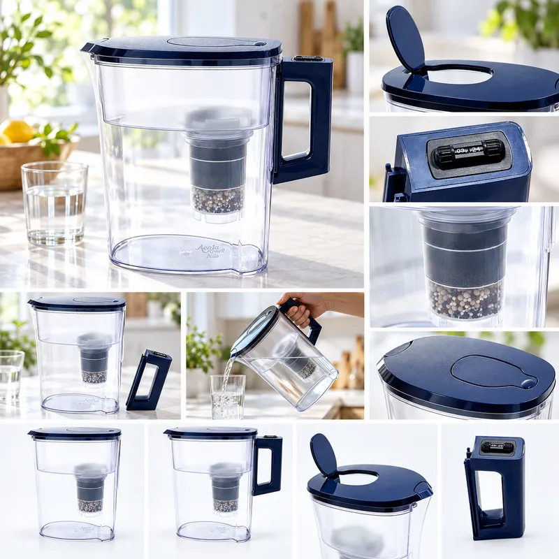 Wasserfilterkanne Nilo mit all ihren Vorzügen griff Deckel Griff abmontieren griff dranlassen als Collage dargestellt