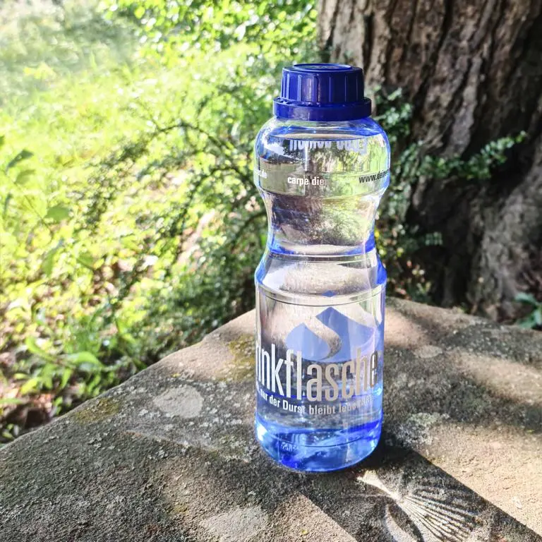Zu sehen eine blaue Tritan Trinkflasche mit dunkelblauem Schraubdeckel gefüllt mit Wasser. Sie steht auf einem Stein und im Hintergrund sieht man einen Baumstamm und einen Busch auf grüner Wiese bei Sonnenschein.