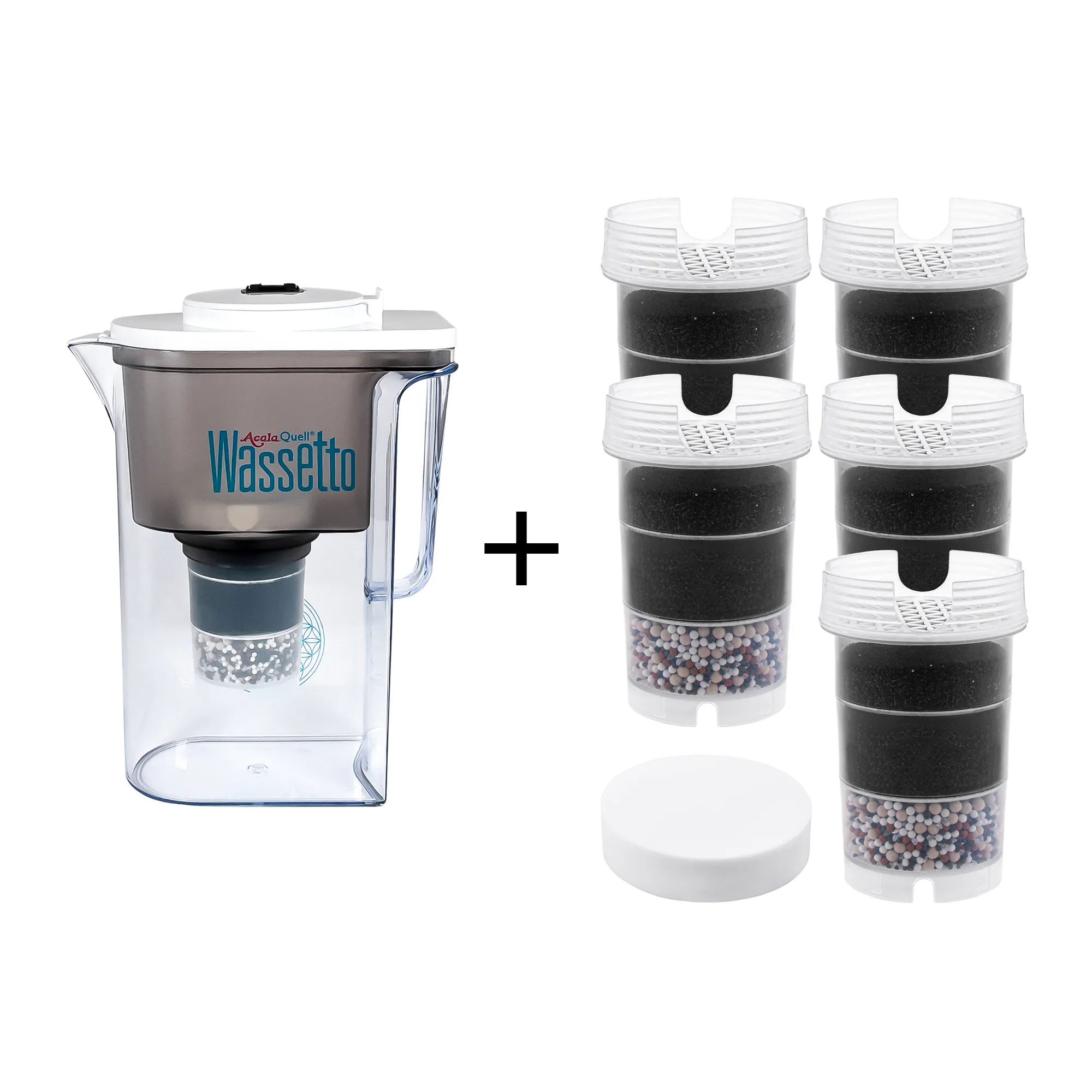 AcalaQuell® Wassetto - Einsteigerpaket Kannen Wasserfilter Acala Quell Wassetto mit Deckel und Ausgussschnabel in weiß inklusive einer Filterkartusche und einem Mikroschwamm plus fünf Filterkartuschen und ein Mikroschwamm. Mit diesem Einsteigerpaket ist man für ein Jahr versorgt.