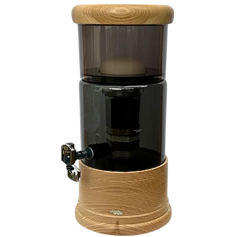 Wasserfilter AcalaQuell Mini in Anthrazit mit Glastank und rundem Holzsockel aus Esche