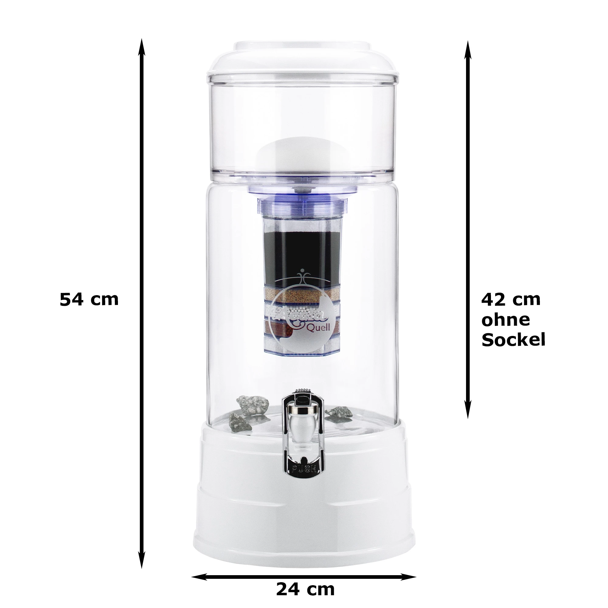 Zu sehen ist der Wasserfilter Midi in kristallklar-weiß inklusive Filterkartusche und Keramikfilter, weißer Hintergrund. Sockel, Deckel und Hahn in weiß, 7L Glastank und oberer Einfüllbehälter in klar. Am Filter stehen seitlich und unten die Maße.