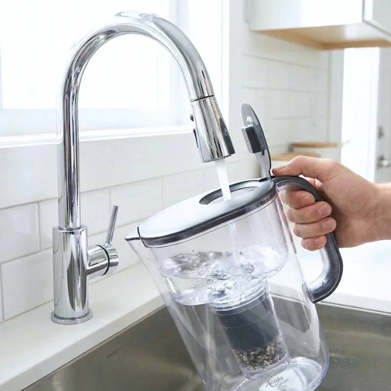 Ein Spülbecken in einer Küche, der Kannenfilter Taro wird am Hahn befüllt