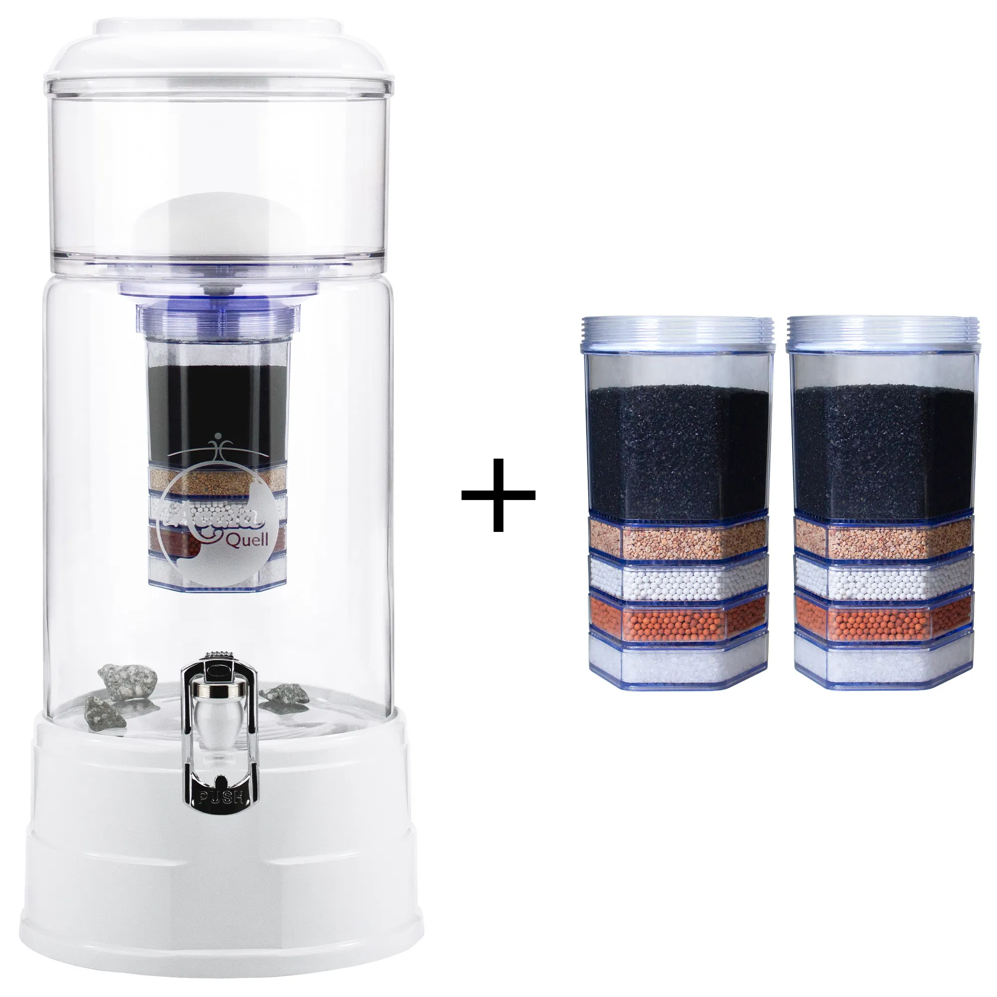 Zu sehen ist der Acala Wasserfilter Midi in kristallklar-weiß inklusive einer Filterkartusche und einem Keramikfilter. Zusätzlich sieht man zwei Filterkartuschen. Das Bild zeigt das Einsteigerpaket für ein Jahr.