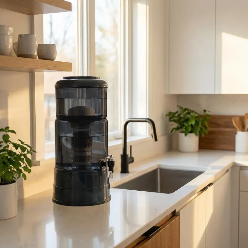 Wasserfilter Mini mit anthrazit farbenem Glas und Sockel uaf einer hellen Arbeitsplatte in der Küche