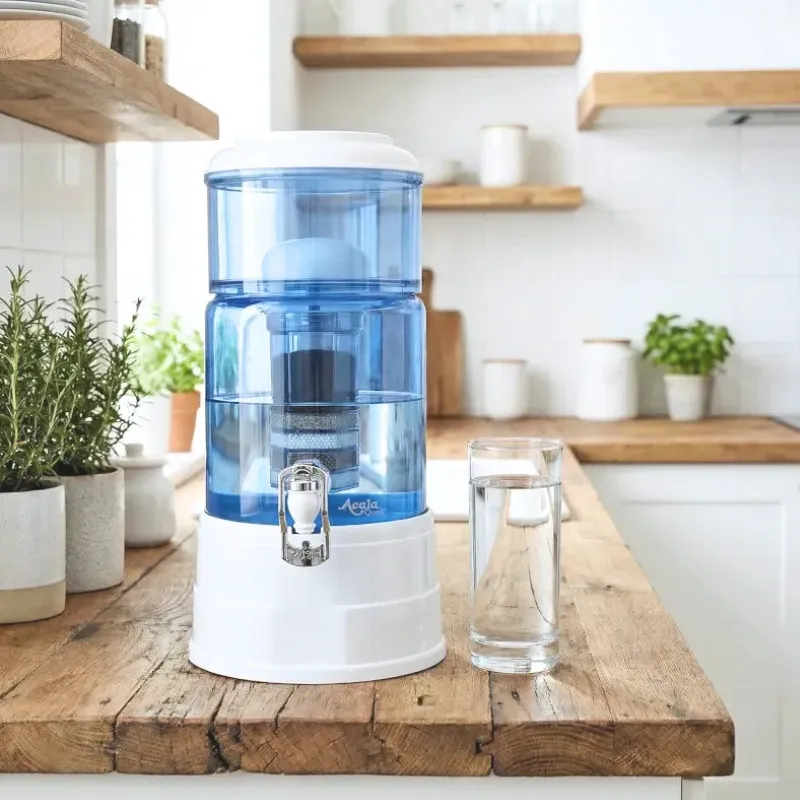Wasserfilter mit Blauem Glas steht auf einer Holzarbeitsplatte in einer Küche