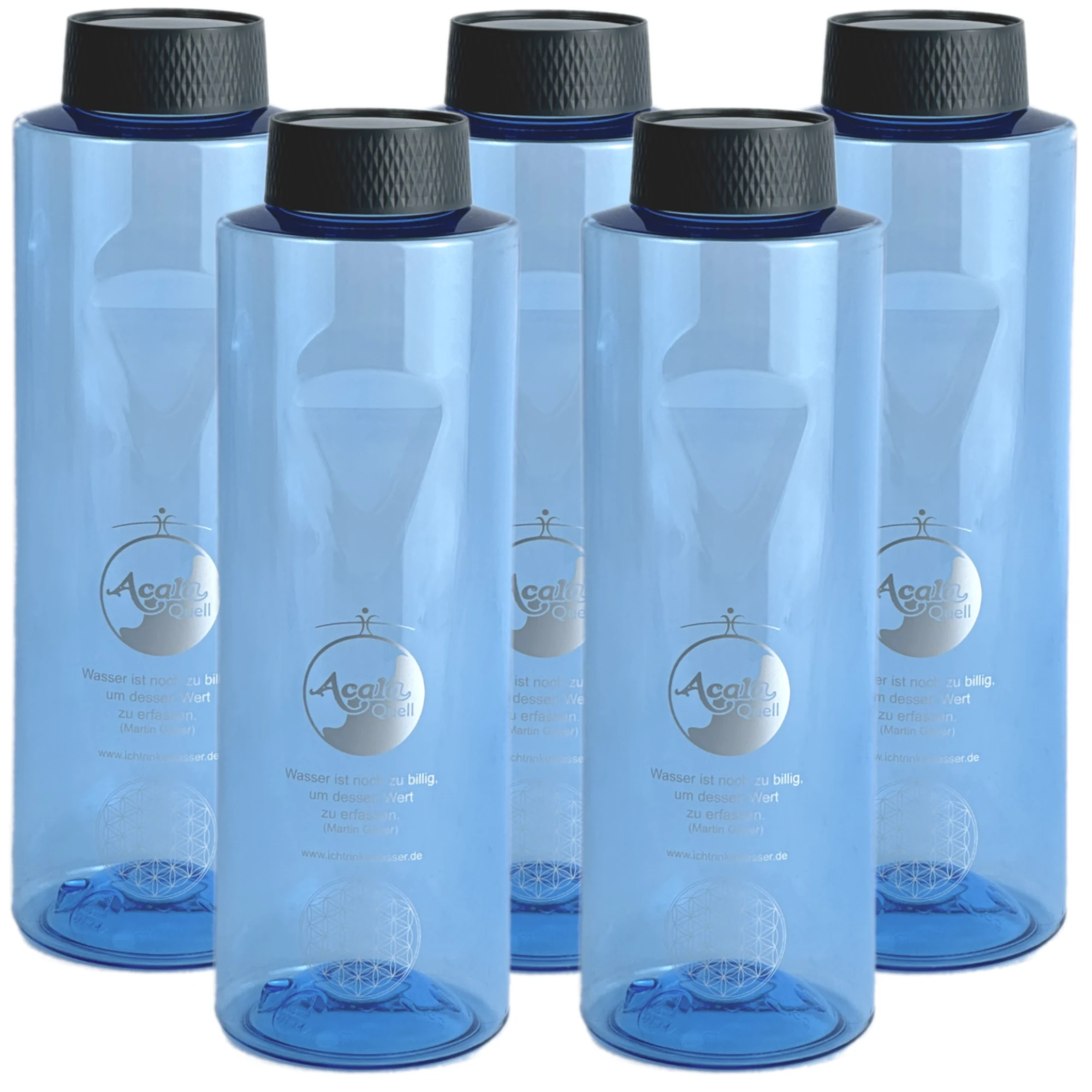 Fünf Tritan Trinkflaschen Grip 0,8L in blau mit grauem Schraubdeckel vor weißem Hintergrund.