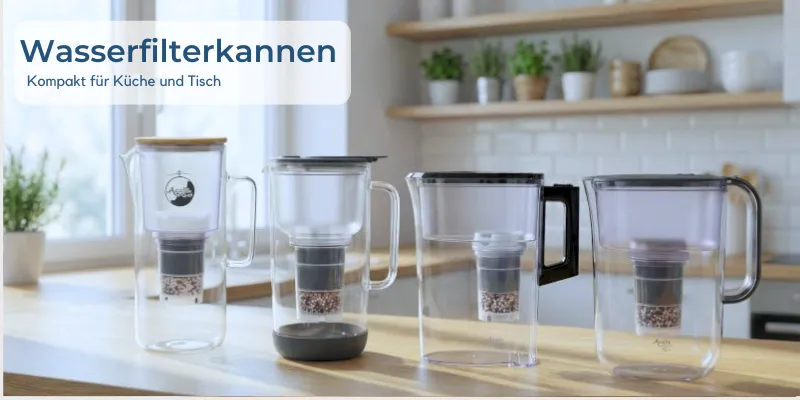 4 verschiedene Kannenfilter Wasserfiltermodelle In einer Küche nebeneinander aufgereiht