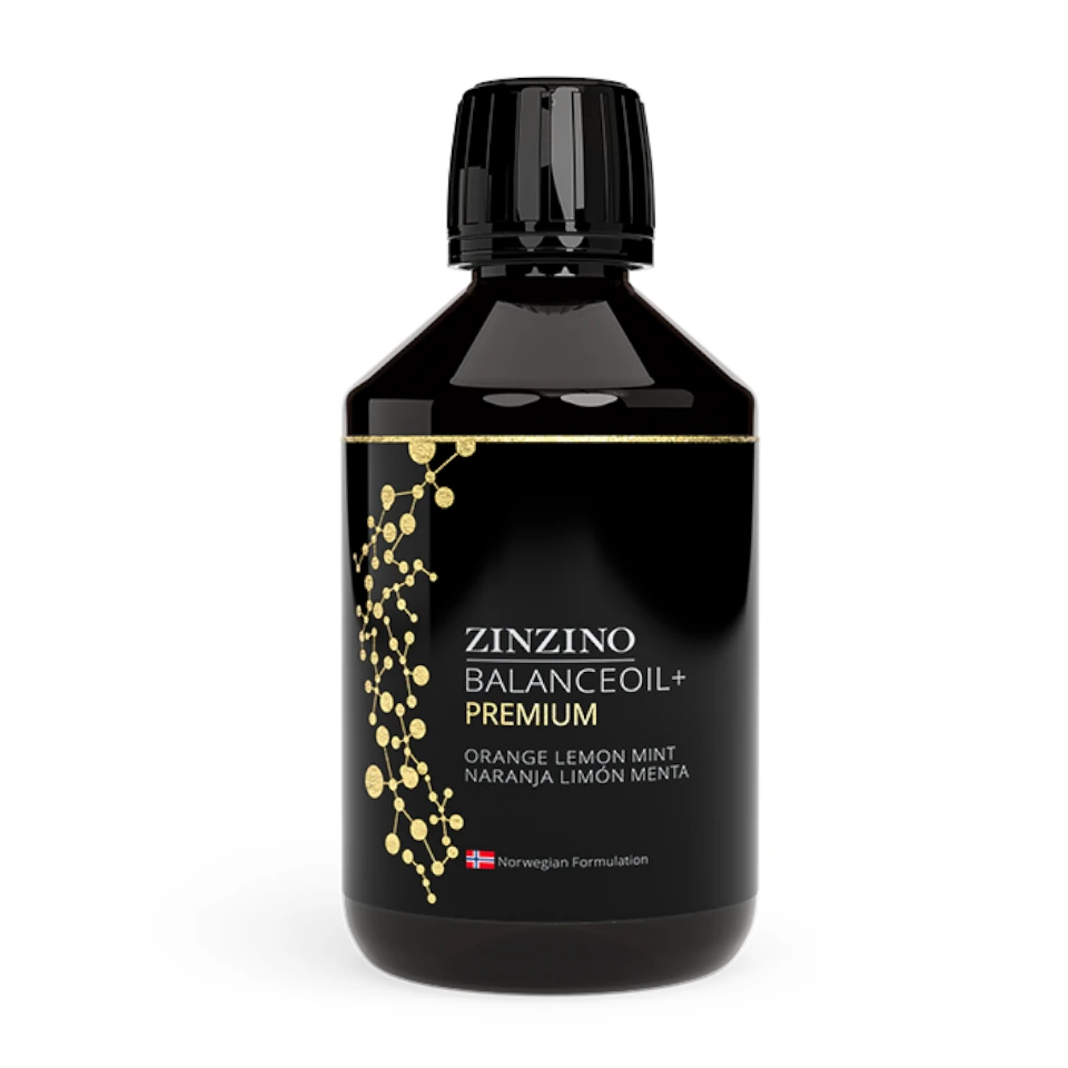 BalanceOil+ Premium, 300 ml Zu sehen ist eine schwarze Flasche mit schwarzem Deckel und goldener Schrift. Das Bild zeigt das Balance Öl Premium 700000 von Zinzino.