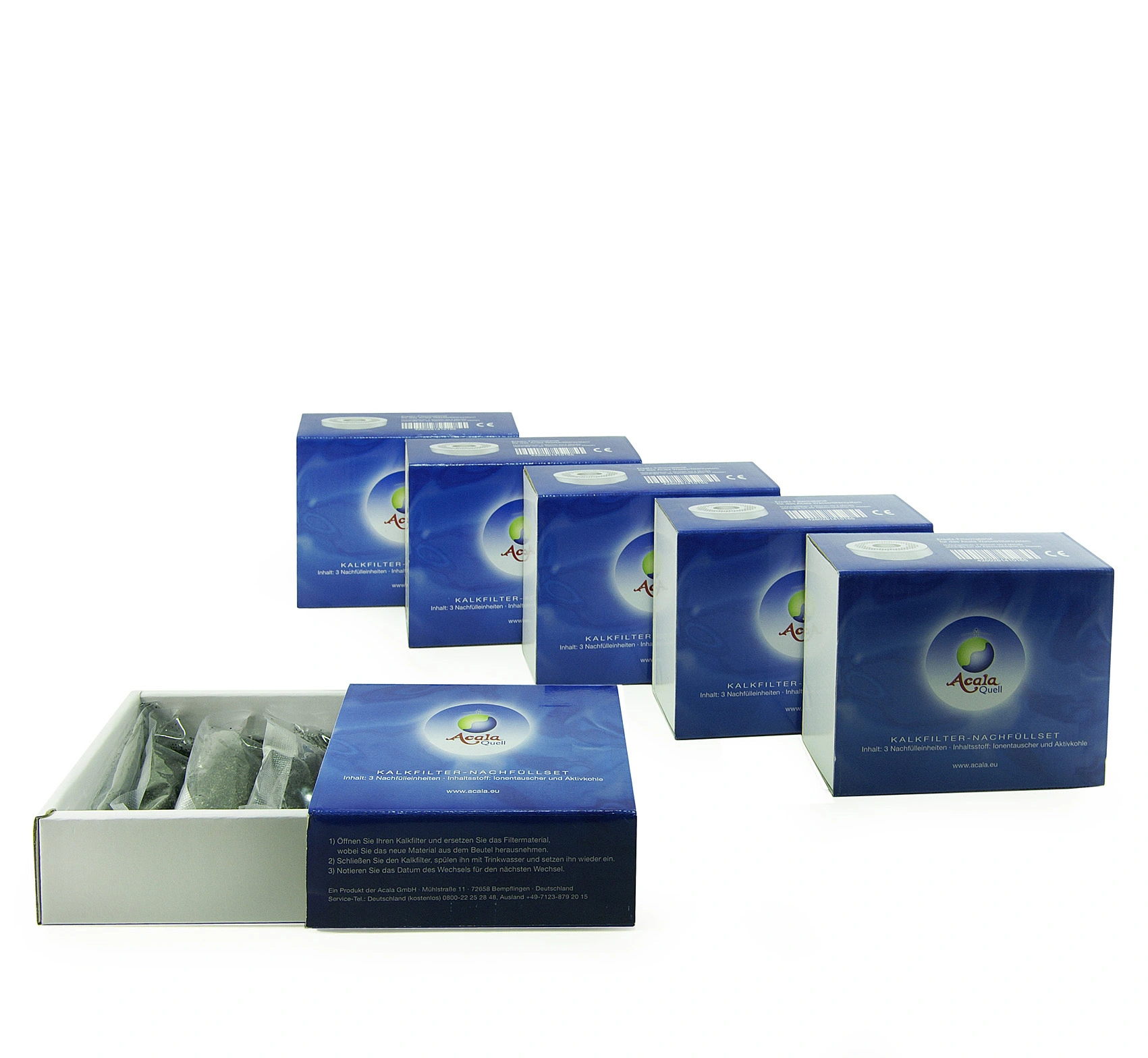 5+1 Kalk Nachfüll-Einsatz 3er Set für AcalaQuell®Stand Wasserfilter 6 blaue Kartons mit Kalknachfüllbeuteln für die Acala Standwasserfilter vor weißem Hintergrund.