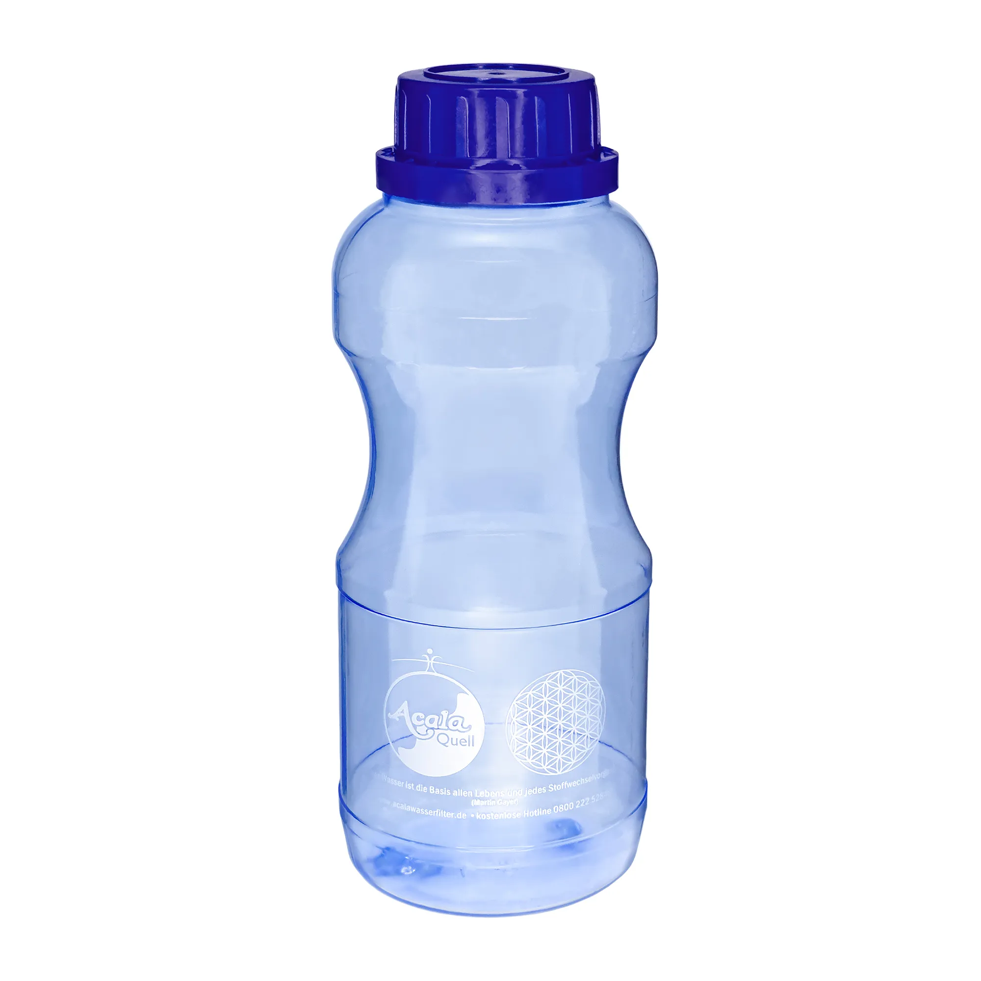 Acala Trinkflasche EVI 0,5 L aus Tritan Eine blaue Tritan Trinkflasche Evi 0,5L mit dunkelblauem Schraubdeckel vor weißem Hintergrund.
