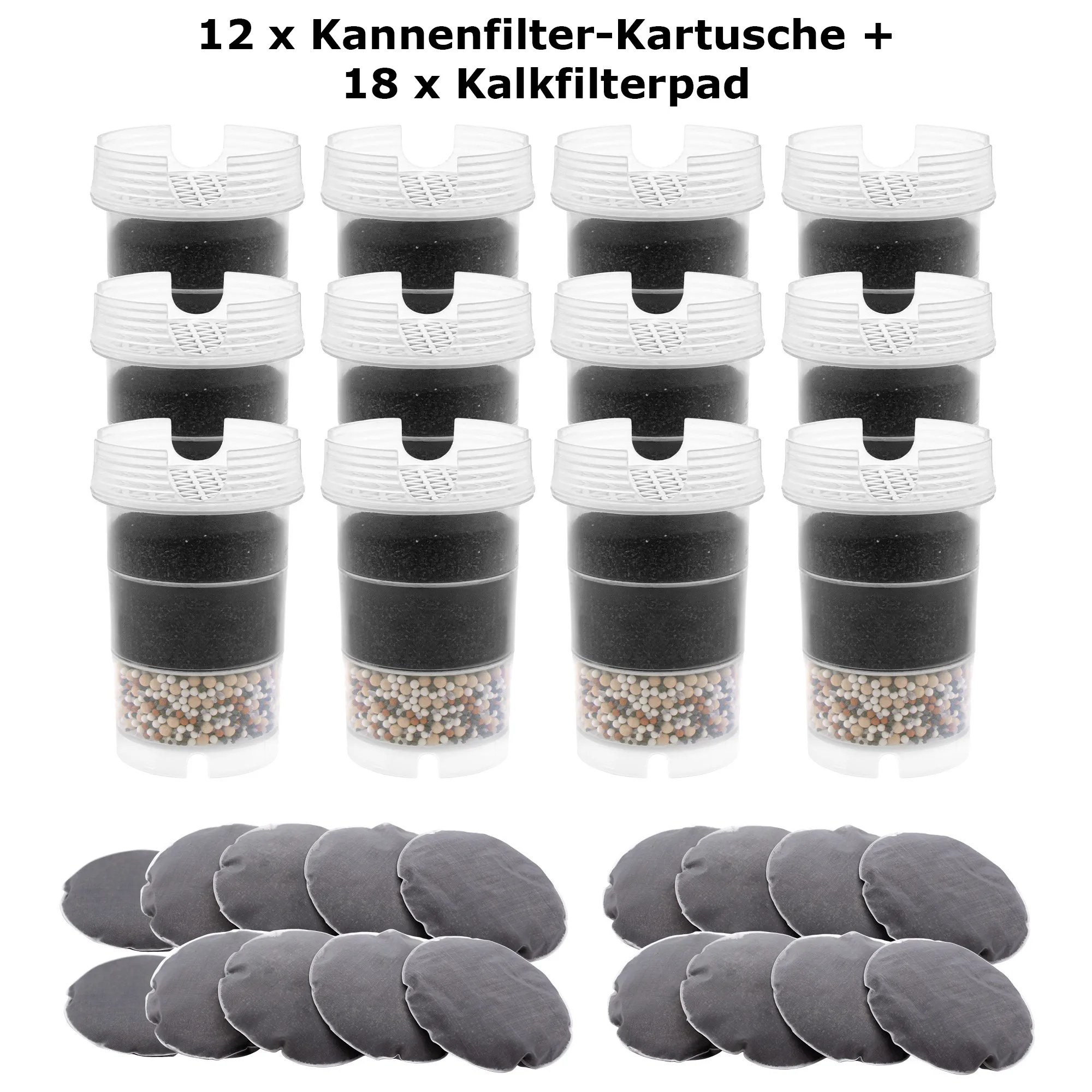 Zwölf Filterkartuschen für AcalaQuell Kannenwasserfilter ONE, Swing, Sunny, Wassetto und Silizia nebeneinander stehend, davor liegen achtzehn schwarze Kalkfilterpads. Mit diesem 2-Jahrespaket kann man 24 Monate Wasser filtern und Kalk reduzieren.