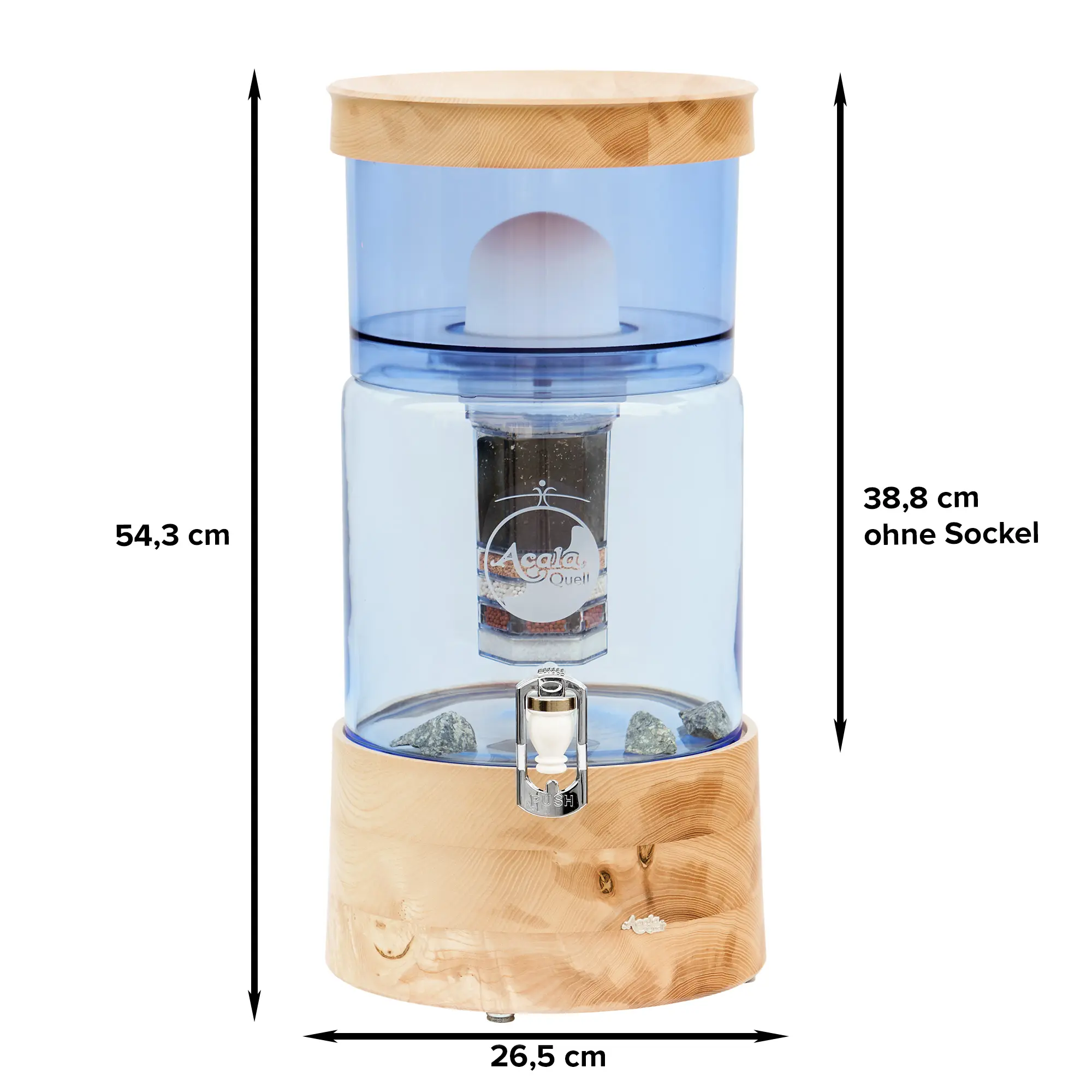 Zu sehen ist der Acala Smart in blau mit einer Filterkartusche, einem Keramikfilter und Hahn in weiß. Deckel und Sockel sind aus wunderschön gemustertem Esche Echtholz. Schlichtes Acala Logo auf dem Sockel, seitlich und unten am Filter stehen die Maße.