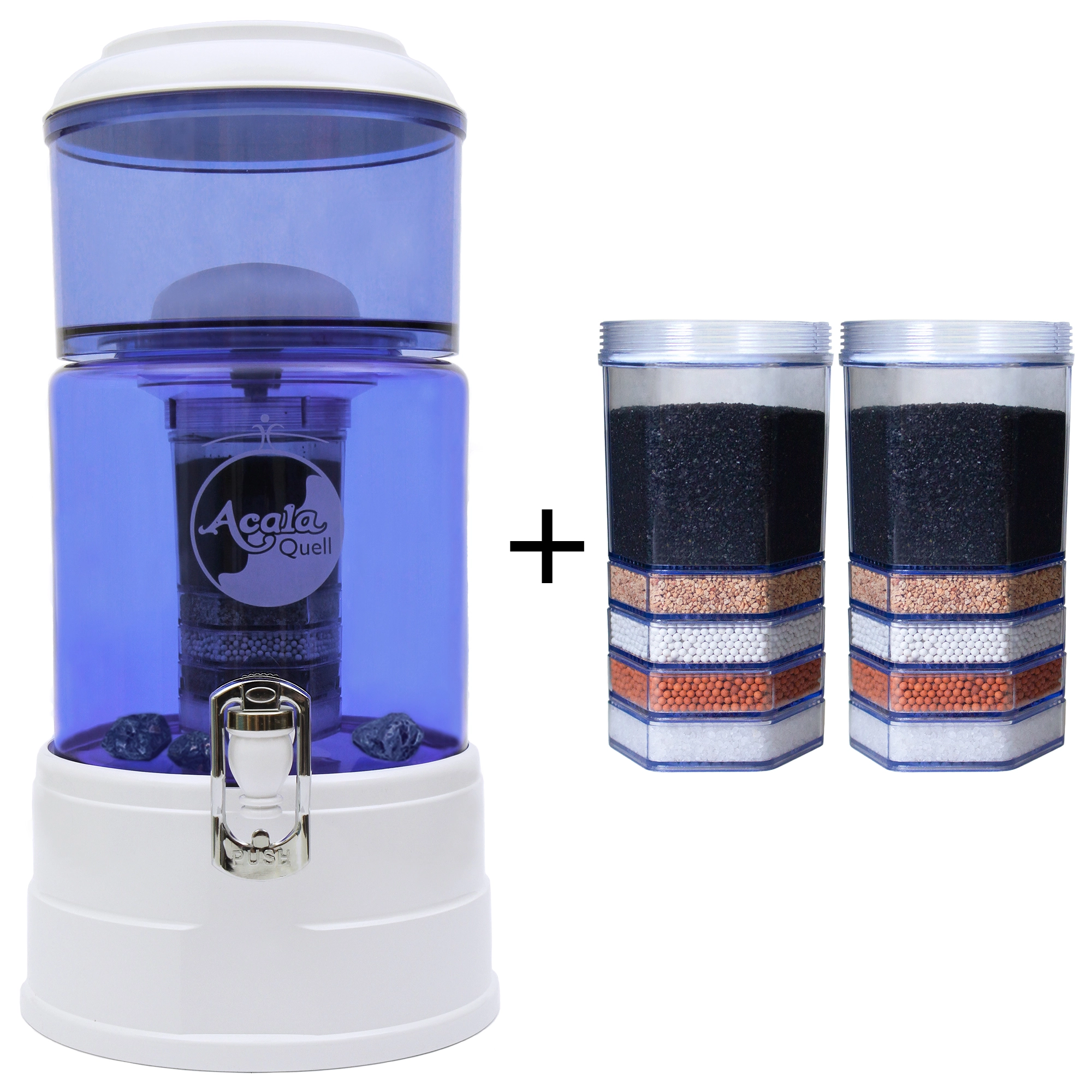 Einsteigerpaket AcalaQuell® Mini Blau/Weiß Zu sehen ist der Acala Wasserfilter Mini in blau-weiß inklusive einer Filterkartusche und einem Keramikfilter. Zusätzlich sieht man zwei Filterkartuschen. Das Bild zeigt das Einsteigerpaket für ein Jahr.