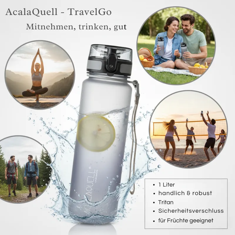 Die ein Liter Tritanflasche travelgo umringt von Freizeitbildern