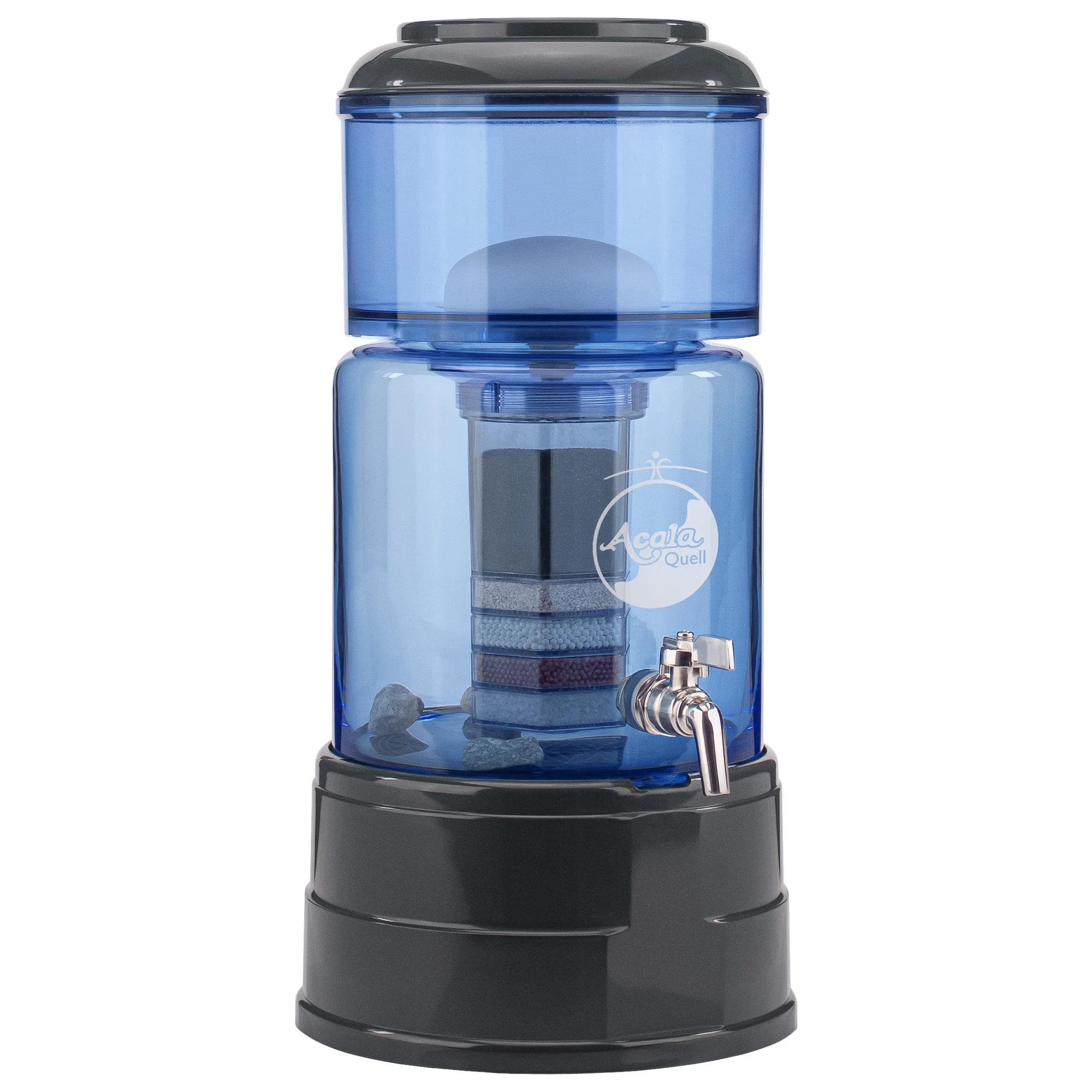 Wasserfilter Mini in blau-anthrazit inklusive Filterkartusche und Keramikfilter. Sockel und Deckel in anthrazit. 5L Glastank in blau mit heller Acala Logo Gravur und mit Edelstahlhahn Pollack. Oberer Einfüllbehälter auch in blau.