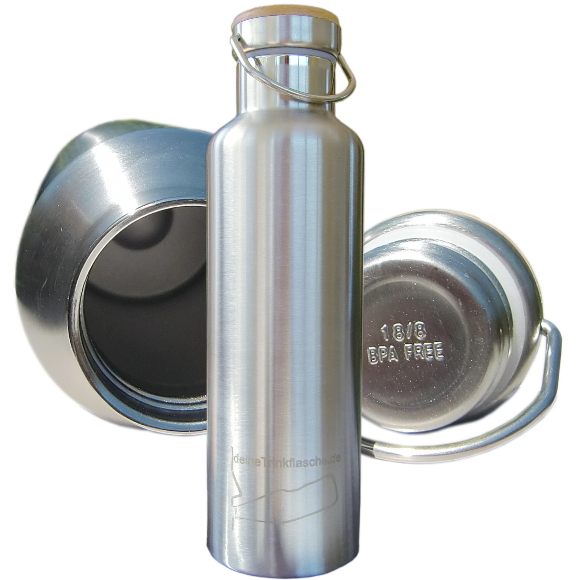 Silberne Edelstahlflasche mit Ansicht nach innen und Deckelansicht von unten